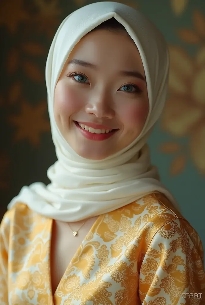 gorgeous 42 year old Indonesian woman, 1girl, silk abaya, hijab, smiling shyly visible teeth, hot mom, portrait, best quality, 4k, 8k, highres, masterpiece, ultra-detailed, realistic, photorealistic, photo-realistic, HDR, UHD, studio lighting, ultra-fine painting, sharp focus, physically-based rendering, extreme detail description, professional, vivid colors, bokeh, portraits, warm color tones, dramatic lighting