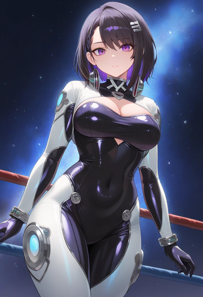 1 adult woman, 29 years old, Dominique de Sade,Black hair, short hair,blue eyes, standing, wearing astronaut uniform, big breasts, ultra detail, ultra HD,half body photo