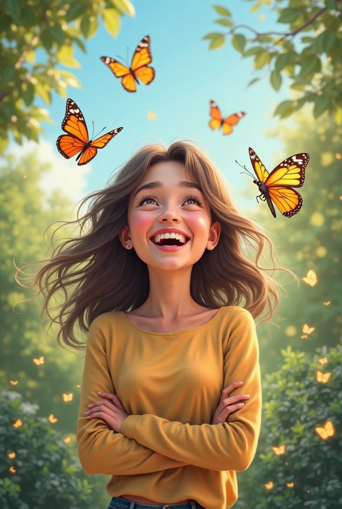 a happy girl sit on a bench in a garden enjoying summer with many butterflies