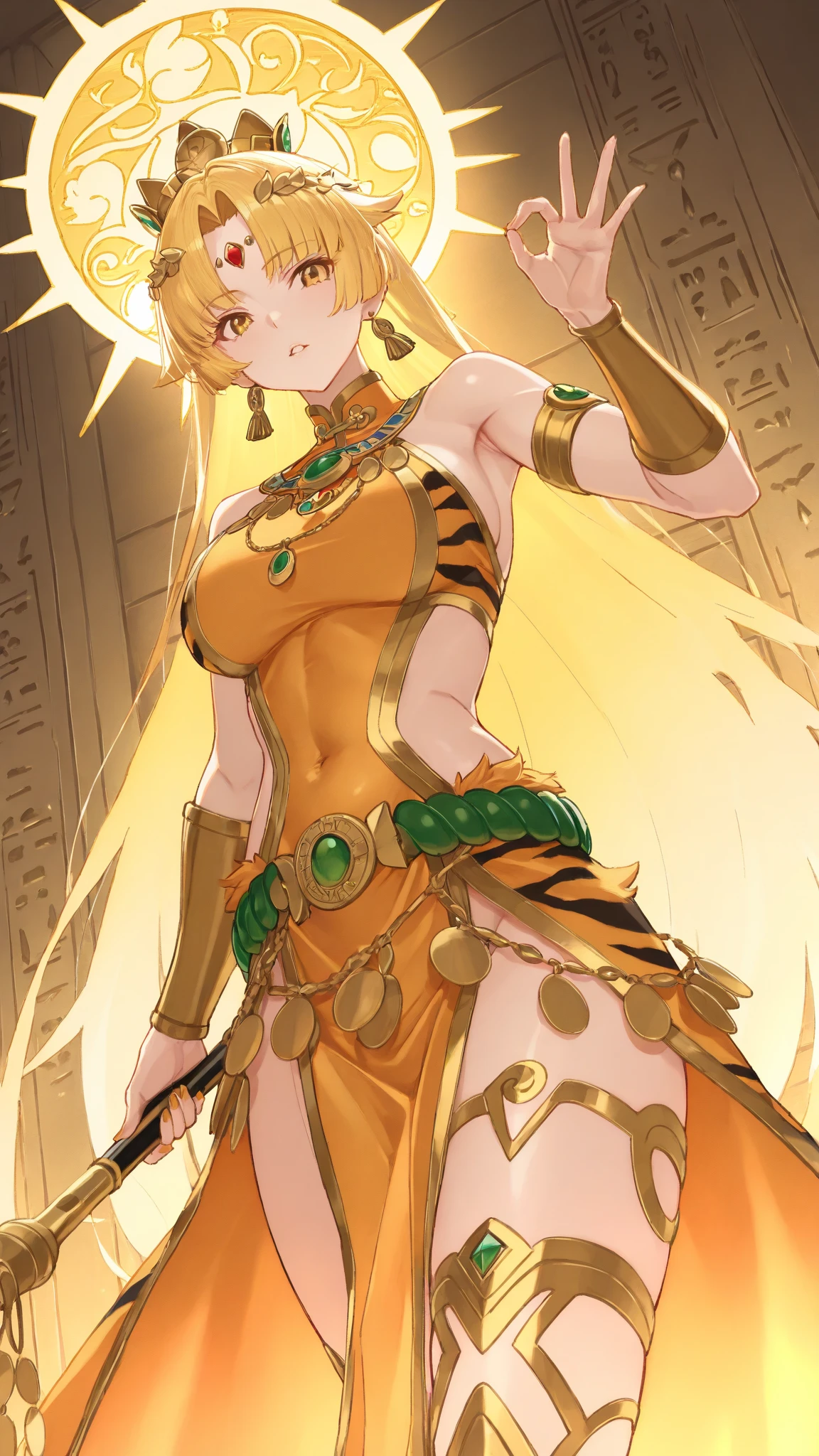 a masterpiece of,(perfect anatomia:1.4), best qualtiy, high_resolution, Fine details, highly detailed and beautiful, Distinct_image, (One girl), , a blond,Red-eyed, standing split,(huge-breasted), (tits out),Curve,Full body,(thighhigh),brownish colors,Egyptian costume,Anubis headgear,