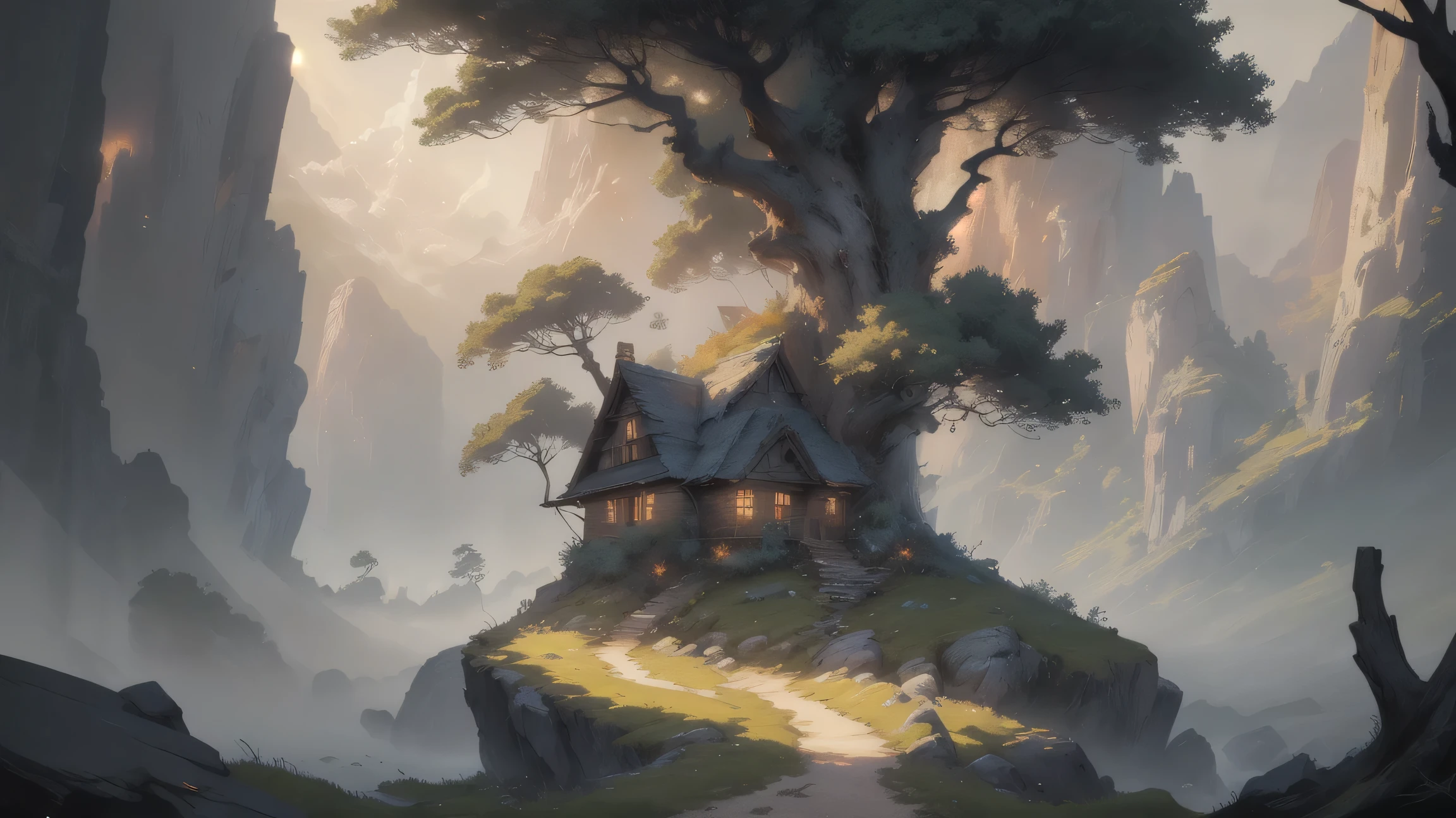 (masterpiece, best quality, ultra-detailed, award-winning concept art), a breathtaking, cinematic fantasy scene of a colossal majestic tree with glowing roots, perched and rooted atop a floating stone island, centered perfectly in the frame. the whole tree must be seen fully. Surrounded by misty air and magical particles. Distant mountain range fades into the sunrise mist. (golden hour dawn sky, dramatic cloud layering, soft sunbeams). The tree’s leaves shimmer with mystical aura, light shafts filtering through branches. (colored volumetric lighting, rim light, under lighting) create intense atmosphere. Painterly brushstroke texture and digital art finesse, with atmospheric depth, layered composition, ethereal ambiance. (zoom lens depth of field, pro cinematic composition, fantasy world). Light FX, glow embers, enchanted mood. Concept art style inspired by (Polyfjord, Unreal Engine 5, Ghibli painterly, Arcane, D&D book covers)