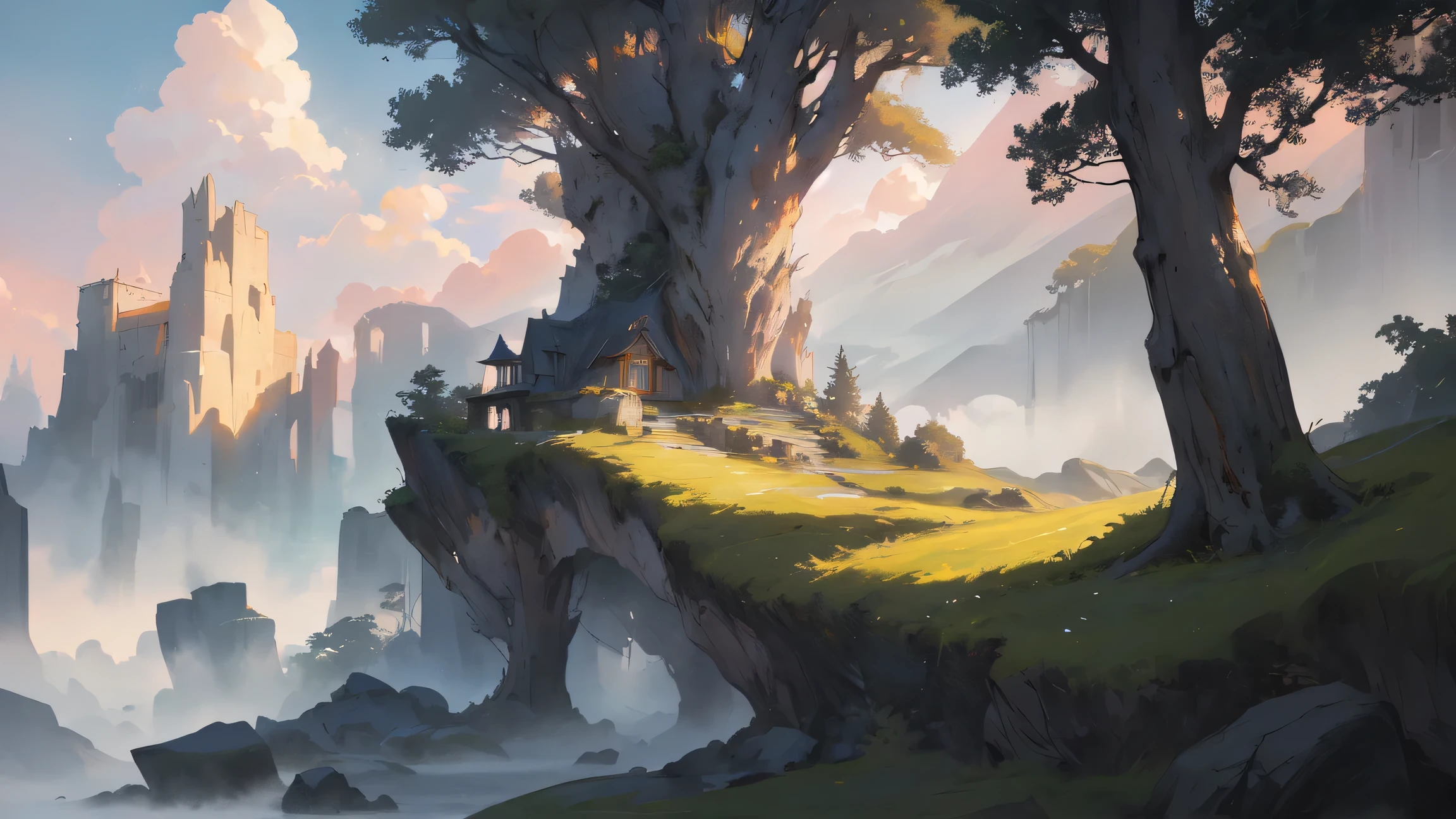 (masterpiece, best quality, ultra-detailed, award-winning concept art), a breathtaking, cinematic fantasy scene of a colossal majestic tree with glowing roots, perched and rooted atop a floating stone island, centered perfectly in the frame. the whole tree must be seen fully. Mystical aura, Surrounded by misty air and magical particles. Distant mountain range fades into the sunrise mist. (golden hour dawn sky, dramatic cloud layering, soft sunbeams)