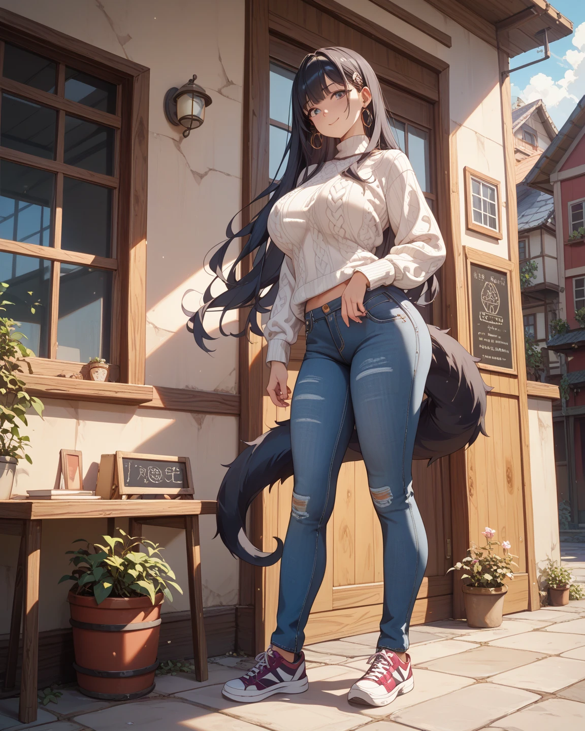 best quality masterpiece, perfect impasto, beautiful hand, AkagiV5, 1girl, (fully mature woman | plump), solo, (yandere crazy smile, full red blush orgasm face), ((casual wear, brown sweater, black pants, ankle boots)), large breast | cleavage, makeup, tails, multiple tails, kitsune, outdoors, city alley, cowboy shot, sitting, <lora:AkagiV5:0.8>, <lora:add_detail:1>, <lora:animeoutlineV4_16:0.25>