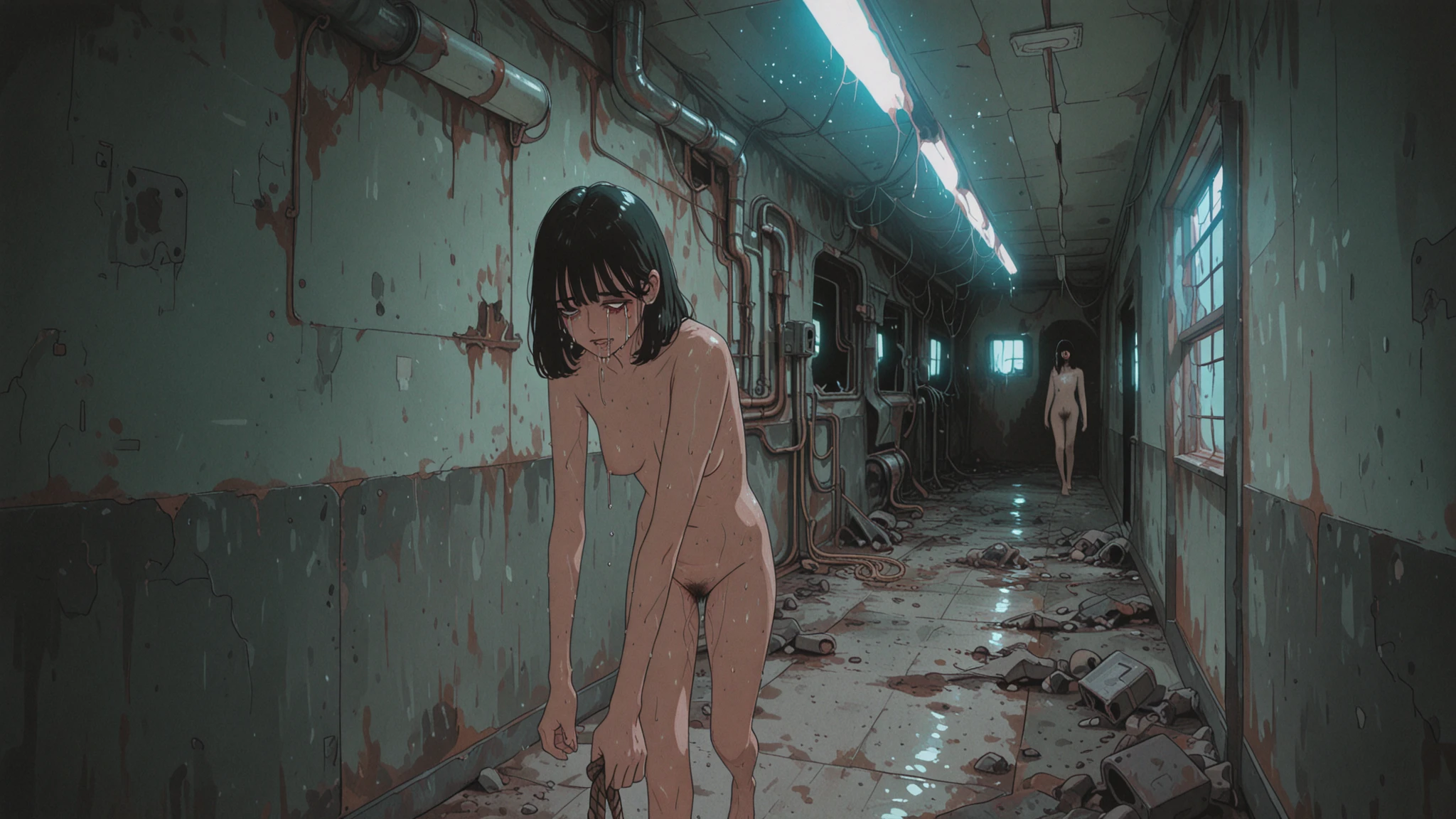 Girl, naked, You can see her breasts, Inside the acid tank background, openlegs, night, Bare chest, small breast, slim body, Stiletto Shoes, Plunged into acid