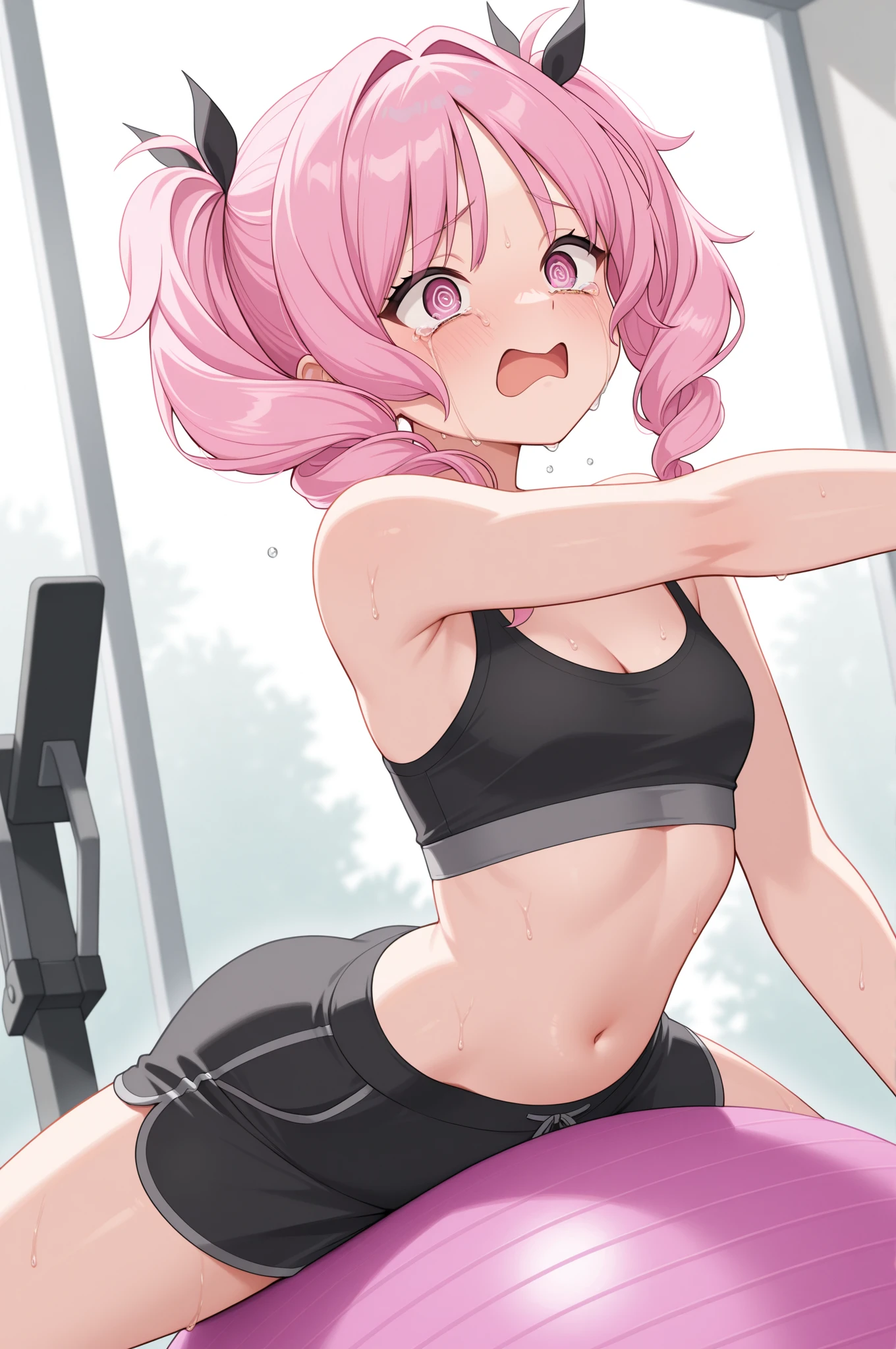 Ultra realistic 7 year old girl, pigtail hair pink, top medium breasts, sexy, smug face, sonrisa ganadora, posando, school gym, back view, mojada, sudada, concentrada, volleyball, tight panties, inclinada, sport bra, exposed breasts, no panties, bosom barely contained