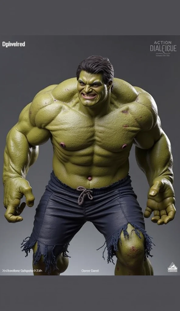 Hulk 2, a very handsome Hulk, very muscular, Shirtless, purple shorts, green skin, destroying a hospital