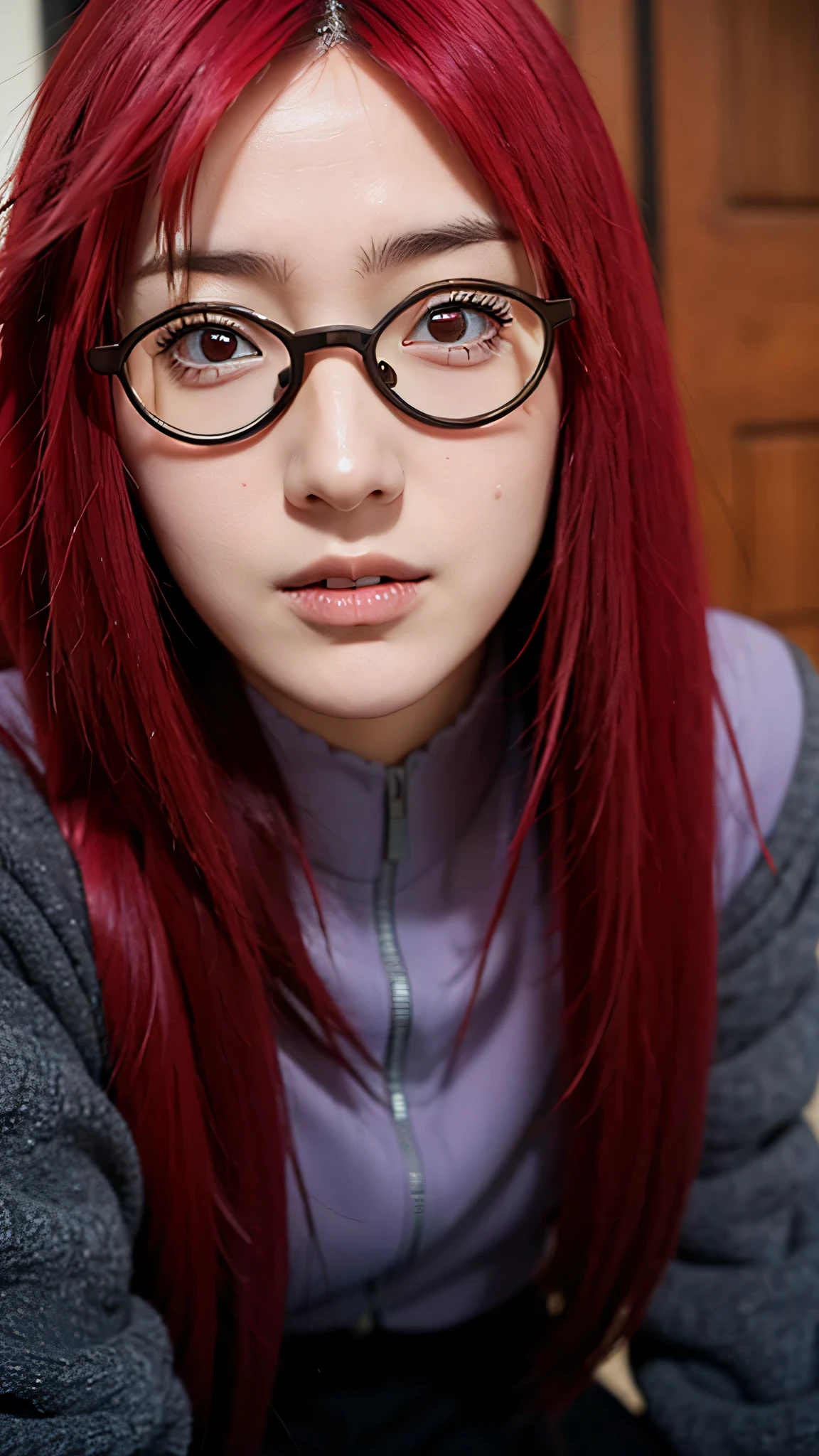 Close-up portrait of Uzumaki Karin from Naruto Shippuden in real life, ultra realistic style, beautiful young woman with long vibrant red hair, wearing rectangular glasses with metal frames, gentle smile, sharp red eyes, wearing her original anime outfit with the purple top and black skirt, confident and intelligent expression, realistic skin texture, detailed hair strands, natural lighting, cinematic background blur, super detailed, ultra HD, lifelike photography style