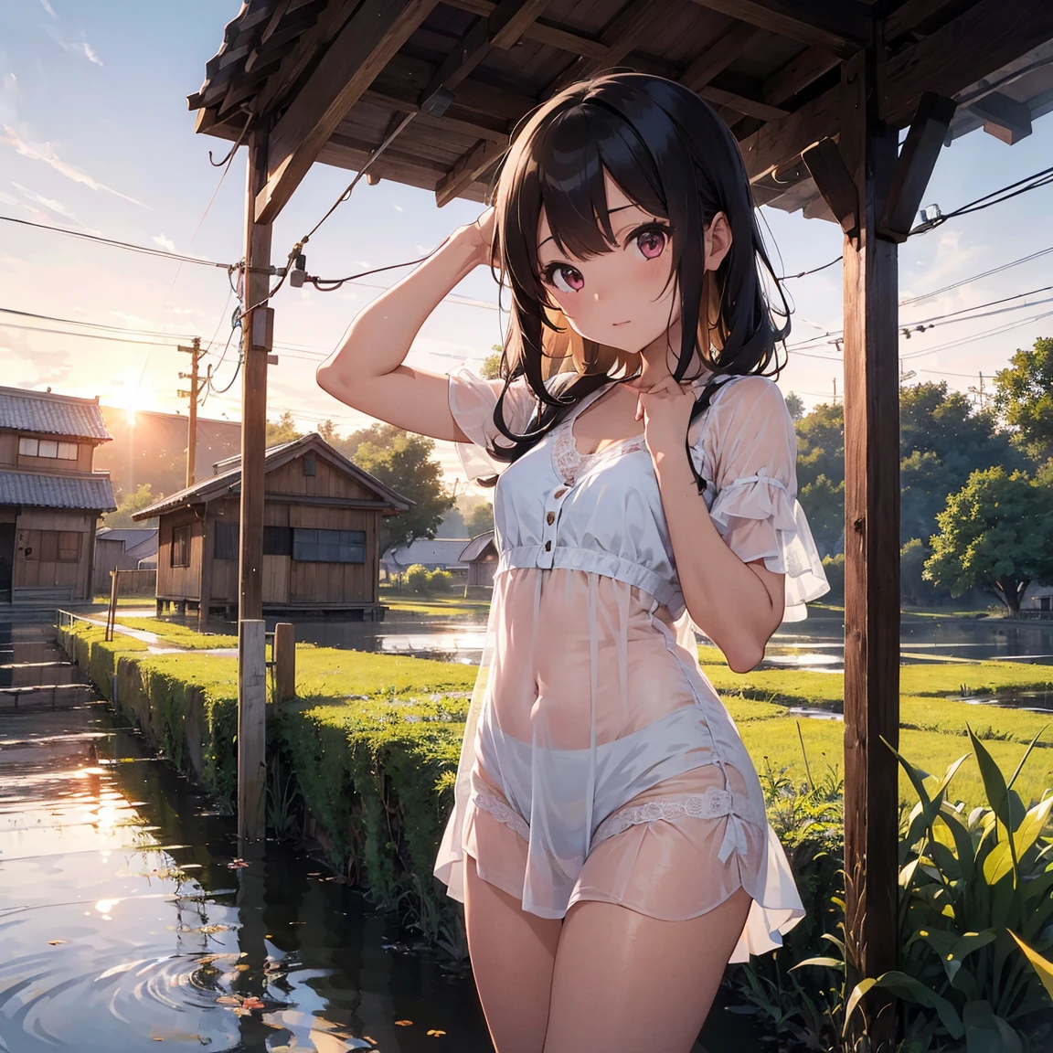 8K、(top-quality、​masterpiece:1.2)、High quality、high-level image quality、(top-quality))、ciinematic light、(Face of detail:1.2)、(​masterpiece:1.5)、(top-quality:1.2)、(bokeh dof:1.2)、35 mm:1.25、wide angles、((low angles:1.2))、I'm missing、Glamour Shot、longshot、Front or Back、Anime girls in tight bikinis、Crowded streets:1.2、1 girl in、Model at 19 years old、 独奏、de pele branca、cute little、(full body1.15)、detailed skin textures、glistning skin、Detailed Beautiful and Delicate Face:1.3、The shape of  is clearly visible,、The pubic shape are Clearly Visible、(((See-through white bikini))、((High-cut T-back bottom))、((Bikini with less fabric area：1.5))、((Wet and pubic hair showing through))、(((wet and and areola show through))、((Wet and skin showing through))、Erotic、((Dark pubic hair))、large natural breasts、 Narrow waist、detailed hair with bangs、Detailed long messy hair:1.3、Random hairstyle、A smile:1.2、Sink into the crotch、((a street：1.2))、Girl quite far from the camera、((Taken from among the vegetation：1.4))、((So much so that the undergrowth in front of the girl covers：1.6))、A tree attacking a girl々Throughout the day、Twin-tailed、