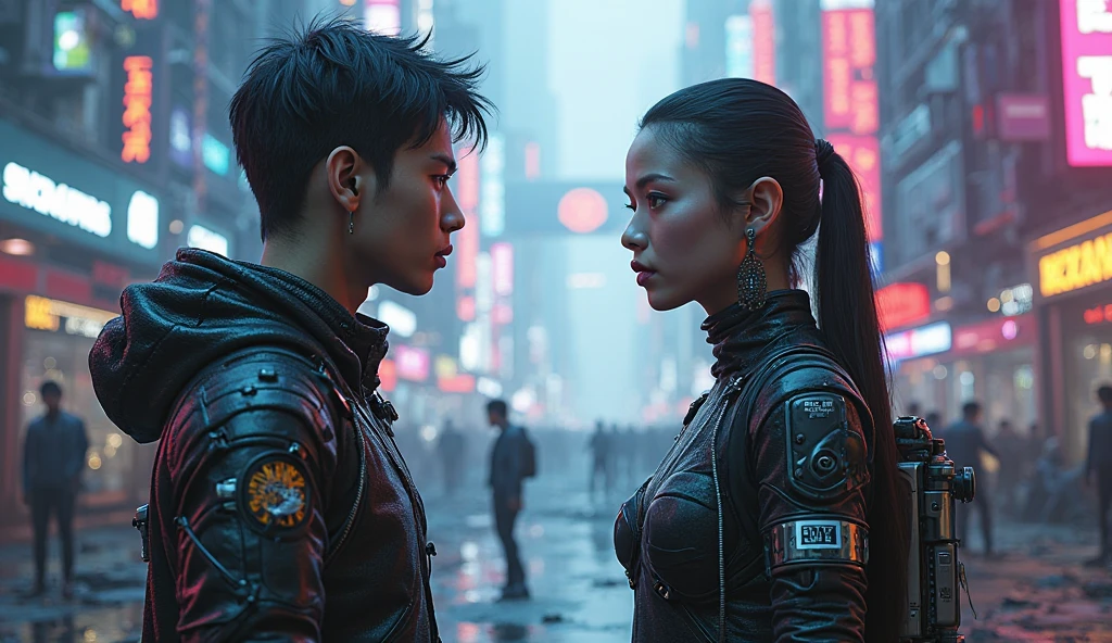 photoshoot,photo taken from above,Cyberpunk korean couple,(romantic lift hug),ultra realistic,8k,cool romantic couple,clear image