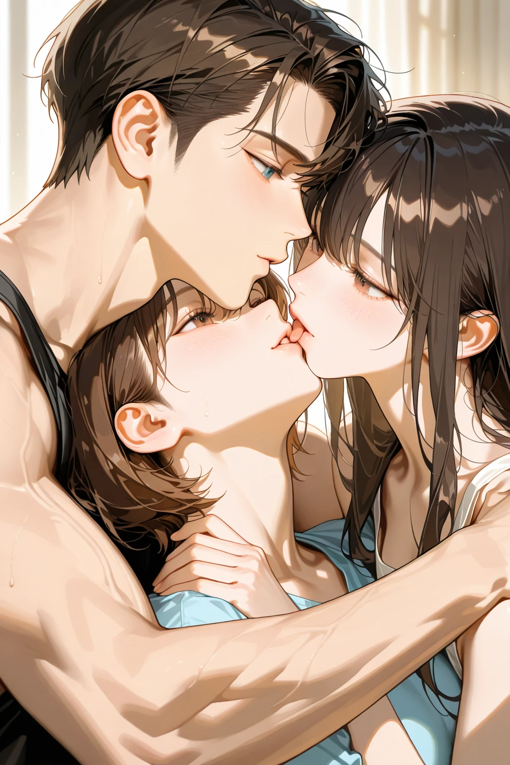 high quality, detailed, Realistic, (two 16 years old japanese boys), (detailed black eyes), (abs), (shiny skin), detailed nipples, black hair, (black tiny thong), (erected bulge), summer noon, close up face, laying, (licking him nipple:1.5),