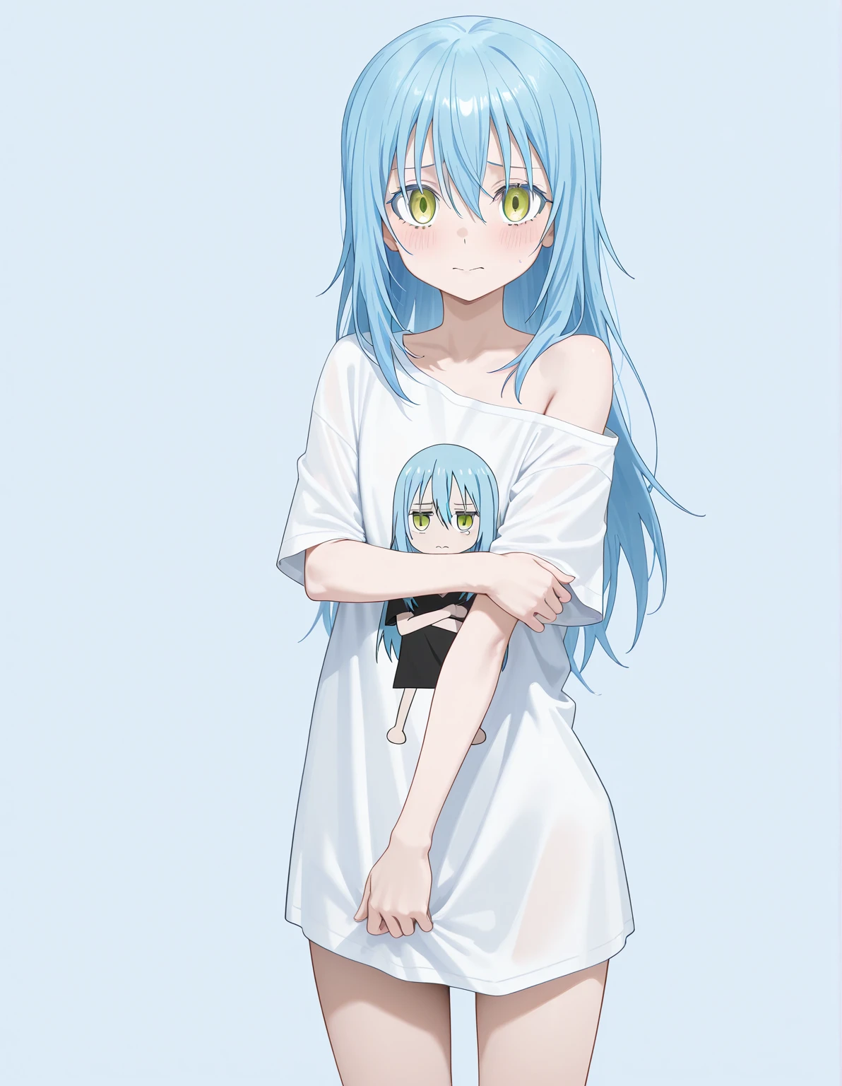 (masterpiece, highest quality, 8k:1.2), 1girl, Luminous, tensura, beautiful detailed eyes, Heterochromia, red eyes, blue eyes, bangs, silver hair, long hair, hair ribbon, hair band, jewelry, necklace, collarbone, (Big T-shirt, Leggings, room, from below:1.2), Cowboy shot, Dynamic pose,