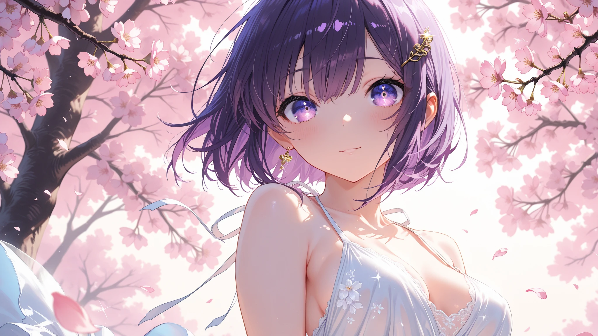 Face close-up、light blue Hair、short hair、girl1、smile、cherry blossoms、Light red eyes、Open your mouth、Pink Lips、Large Breasts、Cleavage、night、Starry Sky、Hide your arms behind your body、Glowing Hair、moonlight、(looking down:1.2)、inwardly curled hair