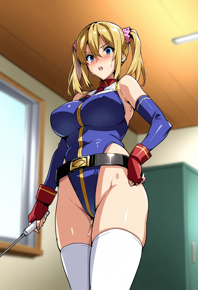 masterpiece, Highest quality, High resolution, One girl, (Blue jacketの下にBlack innerwearを着ている), Folded ponytail, Brown eyes, , (uniform, Blue jacket, Blue pants), ,Big Breasts, Black innerwear, (
