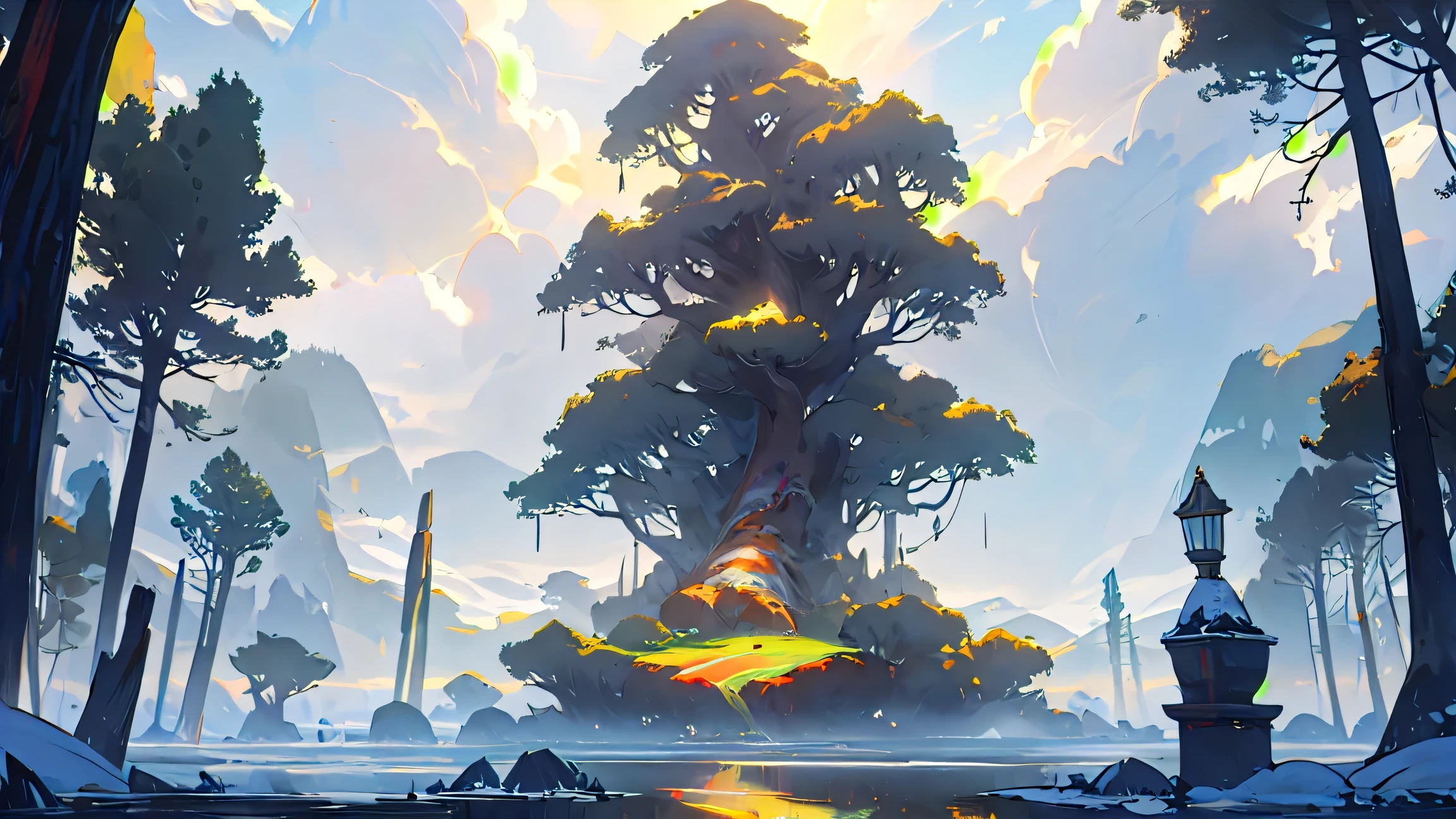 (masterpiece, best quality, ultra-detailed, award-winning concept art), colossal glowing tree on a floating island, fully visible and centered, golden roots, misty air, magical particles, dramatic dawn sky, layered clouds, soft sunbeams, distant snowy mountains, cinematic fantasy scene