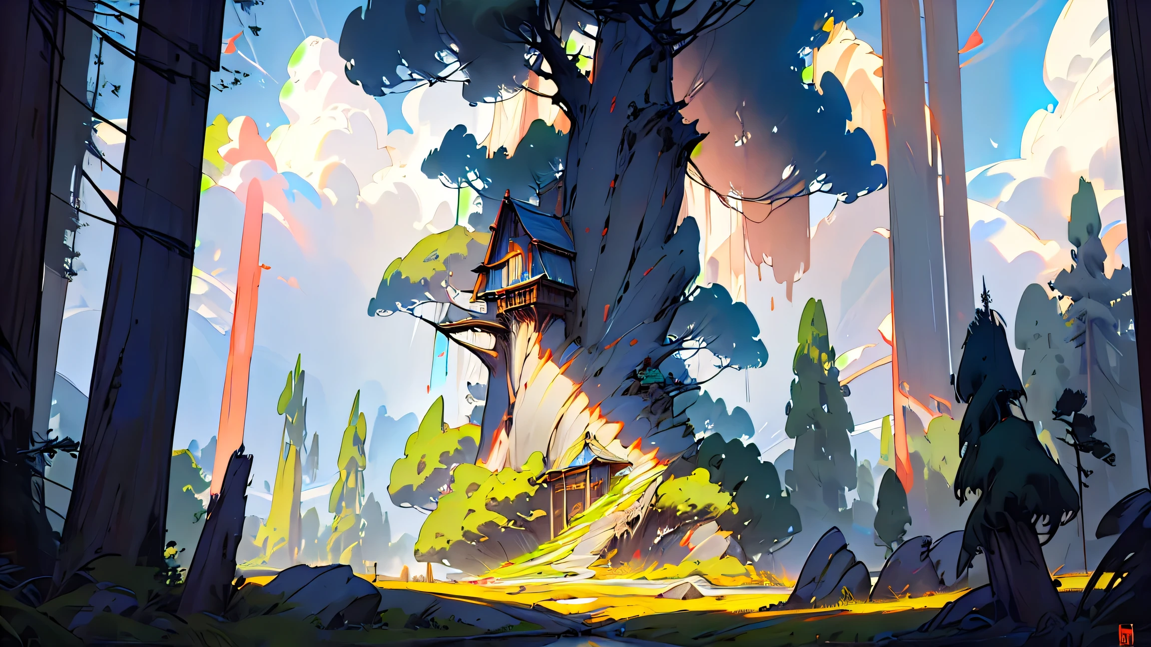 (masterpiece, best quality, ultra-detailed, award-winning concept art), a breathtaking, cinematic fantasy scene of a colossal majestic tree with glowing roots, perched and rooted atop a floating stone island in the sky, centered perfectly in the frame. the whole tree must be seen fully. Mystical aura, Surrounded by misty air and magical particles. Distant mountain range fades into the sunrise mist. Beautiful sky (golden hour dawn sky, dramatic cloud layering, soft sunbeams)