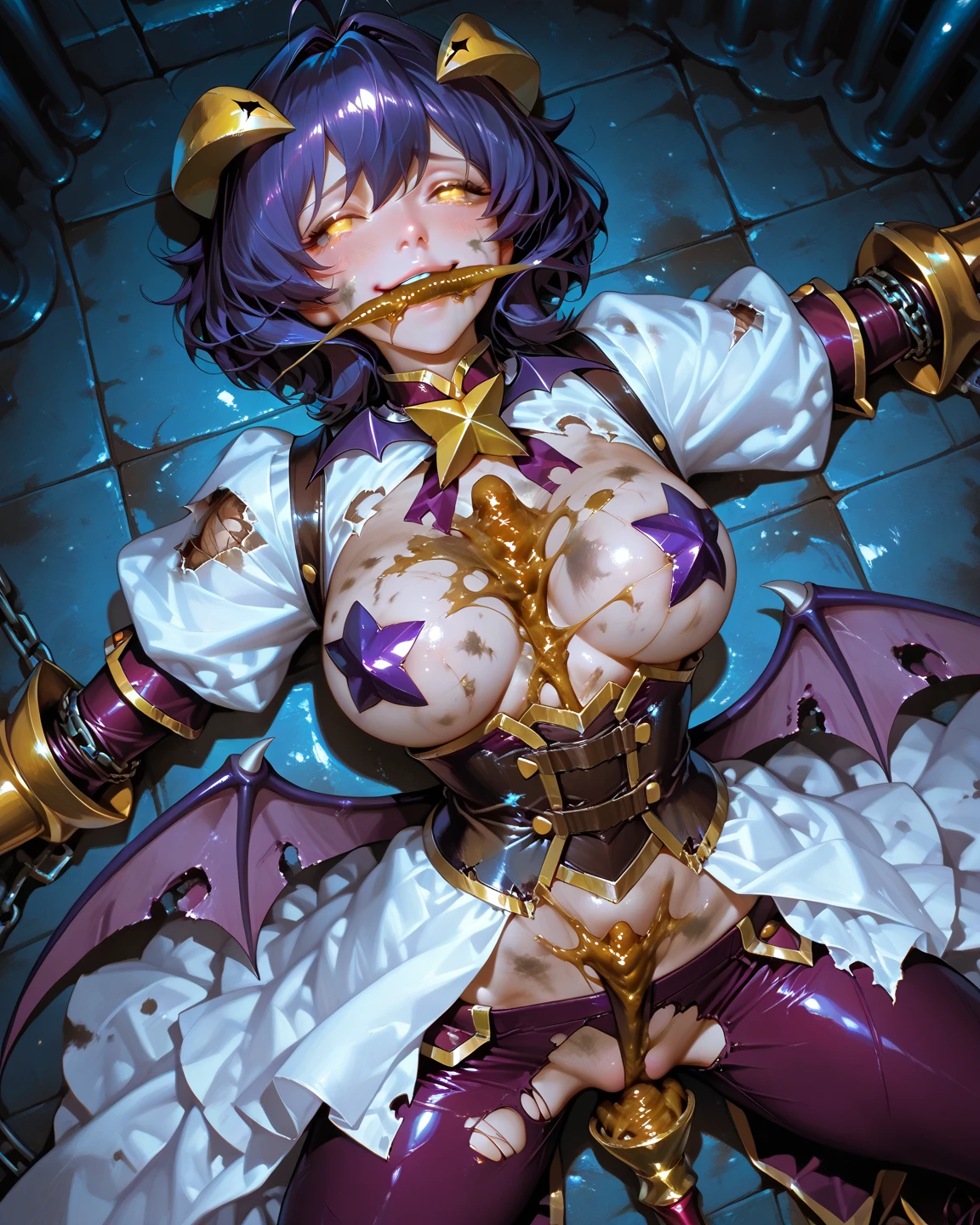 NSFW、highest quality、All limbs、full finger、one beautiful woman、beautiful big breasts、(((A woman wearing a torn school swimsuit、A woman wearing torn brown pantyhose)))、(((torture、women in prison、women are detained、woman stretches her arms upward、woman hanged with chains、Feet not touching the ground、The woman's right arm is chained、pulled to the top right、The woman's left arm is chained、pulled to the top left、The woman's right leg is chained、pulled to the bottom right、The woman's left leg is chained、pulled to the bottom left)))、,cum, nipples, penis, open mouth, censored, sex, black hair, closed eyes, vaginal, hetero, long hair, cum in pussy, blush, pubic hair, large breasts, sailor collar, bangs, 1boy, female pubic hair, spread legs, pussy, , pillow, on back, white shirt, shirt, long sleeves, lying, skirt, black jacket, open clothes, serafuku, thighs, jacket, ahoge, saliva, heart, clothes lift, solo focus, shirt lift, sweat, overflow, on bed, missionary, open jacket, neckerchief, blue sailor collar, cum on body