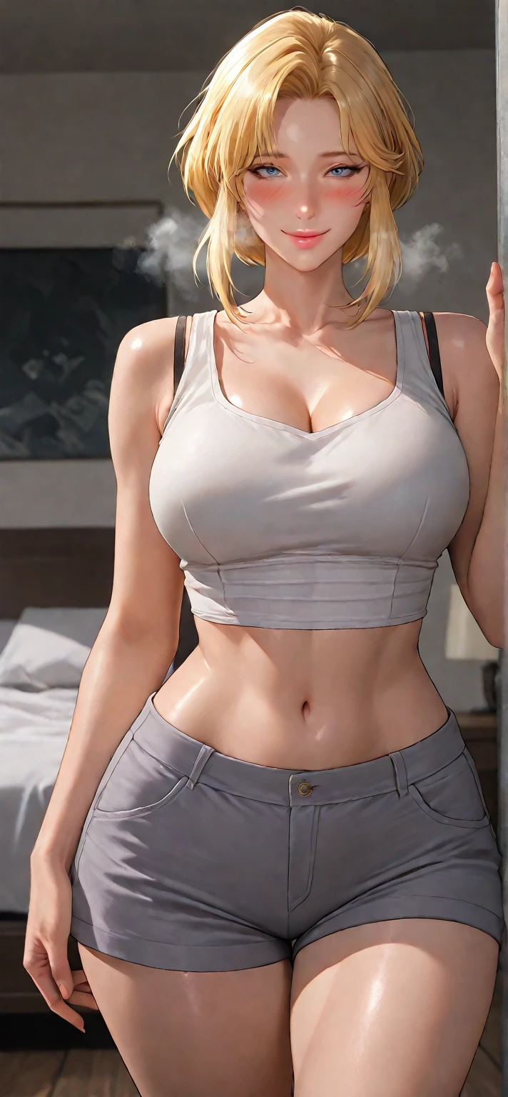 Adult female, (smile: 0.6), long silver hair, (medium breasts: 1.1), green eyes, sexy, small waist, (wide hips), (masterpiece: 1.2, superb), realistic, (real shot, fine Crafted, depth of field), (1girl, solo), makeup, noble, (loose crop t-shirt and skirt: 1.3), elegant, dignified, proud, confident, (white and shiny skin), gorgeous and diverse jewelry, mature , married,(thin), bonny, (small mouth),