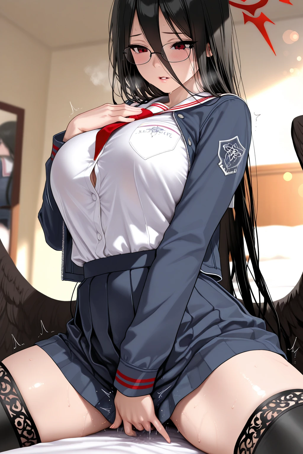 masterpiece, best quality, HD, 4K, ultra high resolution, Extreme details, super详细,beautiful eyes, beautiful hair, Beautiful side, beautiful skin,rosy skin,1 girl, hulumi, black hair,long hair, The left eye is: 1.2, Right red eye: 1.2,Heterochromia, super, big thighs, breast implants, collared dress, short skirt, short sleeves, thigh, White JK，white hat, look at the audience, charming smile, blush, Xu Hutình dục, close up，Expose the vagina，No cover, no underwear,  no underwear，legs spread，