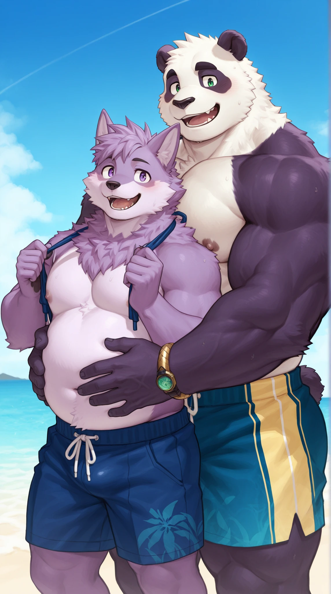 hi res,(shark, finless shark), not furry, anthro, aqua blue eyes, ((((long loincloth)))), ((((lingerie speedo, sexy bikini, side-tie panties, tiny black thong)))), ((((male, female, muscular, muscular anthro, muscular male, muscular female, slim, Skinny)))), male, female, muscular, muscular anthro, muscular male, muscular female, slim, Skinny, tail, outside, plant,both light blue body, sea, tree, (water), detailed background,by milkytiger1145,by takemoto arashi,by null-ghost, cold atmosphere, open smile, soft blue blush, single fin, ((((((((wearing white tshirts)))))))), ((((((muscular thighs, thick thighs, thick calves, wide hips, wide pelvis, curvy figure, voluptuous figure, both feet are close together., \hourglass \figure, f\emb\oy body, female body)))))), (((((golden accessory, loincloth accessory, loincloth jewelry, jewels and ornaments for loincloth, sexy loincloth, belly dancer outfit, long pelvic curtain, narrow loincloth)))))