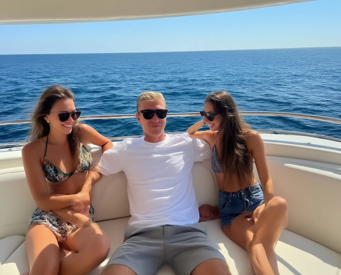 foto muy real de jeff bezos divirtiendose junto a una hermosa joven, They both wear swimsuits, estan en un yate en el caribe