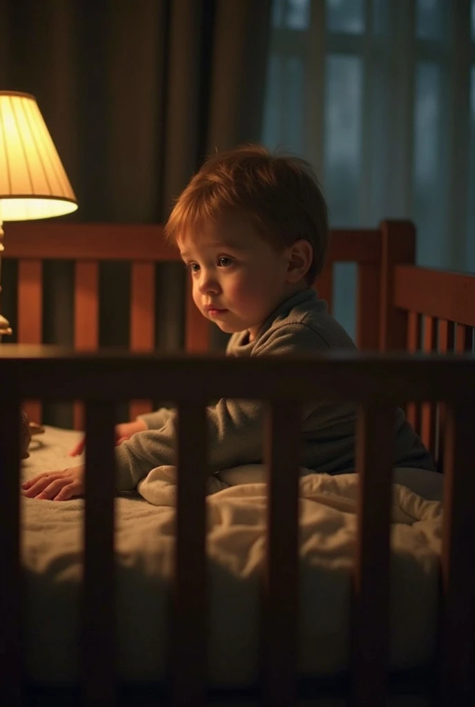 Realistic Photo of A young boy is peacefully sleeping in his crib, surrounded by shadows in a dimly lit room. The boy has short, dark brown hair with a hint of reddish tint and a serene expression on his face. He is wearing a light blue and white striped pajama set, with one hand resting on a dark blue blanket that covers him up to his chest. Beside him on the left is a small, worn-out monkey doll with a simple design, with minimalistic features. The light source appears to be coming from above, casting soft shadows around the room. To the left, partially visible, are other stuffed animals, their features obscured by shadows, adding an eerie atmosphere to the scene. Cinematic muted colors.
