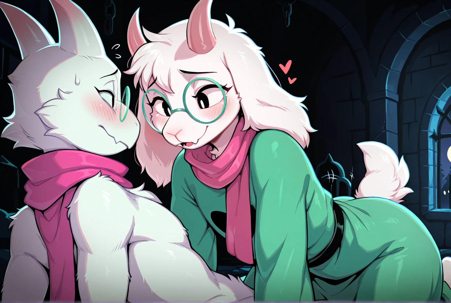 score_9,score_8_up,score_7_up, source_cartoon, source_furry, ralsei from deltarune, Anthro furry goat boy, pink horns, pink eyes, fully naked, nude, white furry body, pov, pov blowjob,lying on a bed on his tummy, feet up, feet in frame, feet paws with four toes, sucking viewers cock, fondling his balls