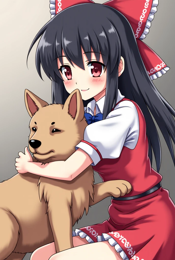 1girl, masterpiece, best quality, highly detailed, illustration, yuzuhara yuzumi, outdoors, village, east asian architecture, sitting, hugging dog, school uniform, serafuku, swimsuit under clothes, red hairband, :d, spoken hearts, <lora:Yuzumi:0.7>