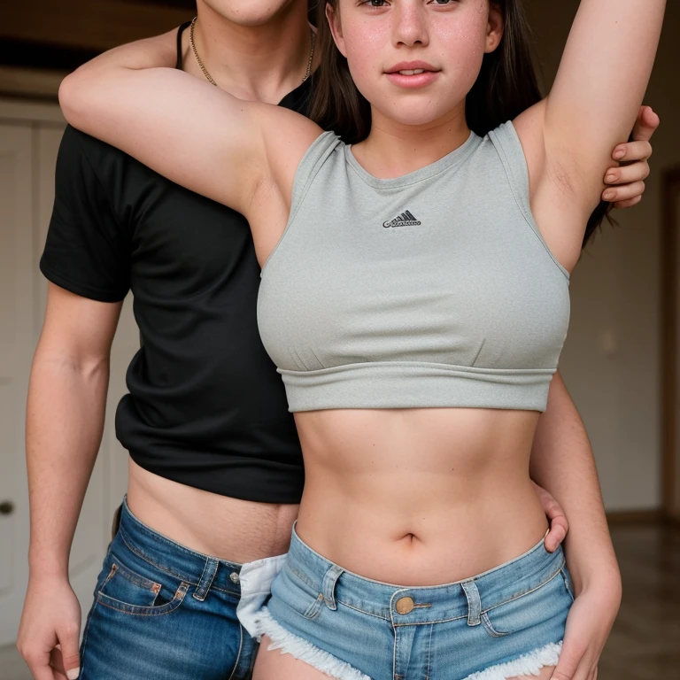 A 14 year old handsome boy is with a 10 year old girl. Girl not wearing upper clothes. Boy pressing and holding girl's breasts.