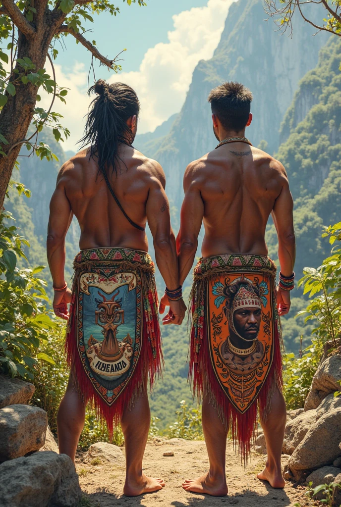 two young tanned latino men in native clothing posing for a picture in front of an aztec temple, standing on cobblestones, 2 lean muscular attractive men, gay, lean muscular men entwined together, cute boys, lean muscular bodies, two handsome tanned men, two lean muscular tanned men entwined, lean muscular men, (twink:1.2), shirtless, two male, athletic calves and bare feet, male photography