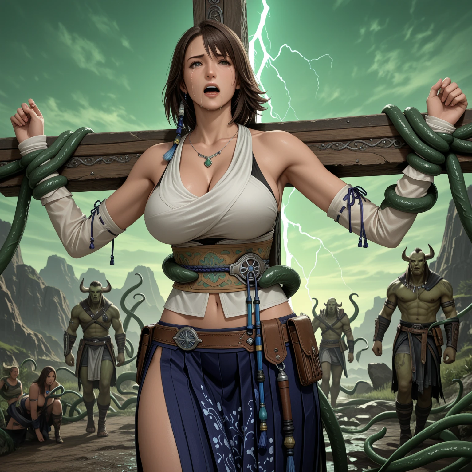(((Sophie Marceau:1.2))), ((standing hanged beautiful mature female)), ((deadly hanged by ugly skulled men)), (((sweaty skin))), ((red dress warrior tunic)), fantasy village, muscular, (breastplate) armor, (((perfect vagina:1.2))), (thin waist), large hips, perfect face, (restrained), (manhandled, beaten), ((broken steel armor)), ((brown long hair)), ((freckles)), ((strangulated)), ((hardly killed by men:1.2)), ((lace)), (((she is being murdered:1.2))), (((violent hanging movement effect:1.2))), (((one naked breast:1.2))), (((violent murder view:1.2))), (((choking))), (((hanged, strangled by rope:1.2))), (((head thrusted by slip knot rope:1.2))), (((tense bigger rope above her head:1.2))), (((large jute rope))), (((throat strangulated by men))), (((thrusted and strangled hanged by rope:1.2))), (((death by hanging on gallows:1.2))), (((insanely brutal rape and throttle:1.2))), (((large perfect pussy:1.2))), (((arms behind her back:1.2))), (((choke:1.2))), (((biggest ((slip-knot)) around neck:1.2))), (((slip-knot rope:1.4))), (((small sagging breasts))), (((suspended by the neck on gallows:1.2))), (((largest thighs:1.2))), (((largest pubis:1.2)))