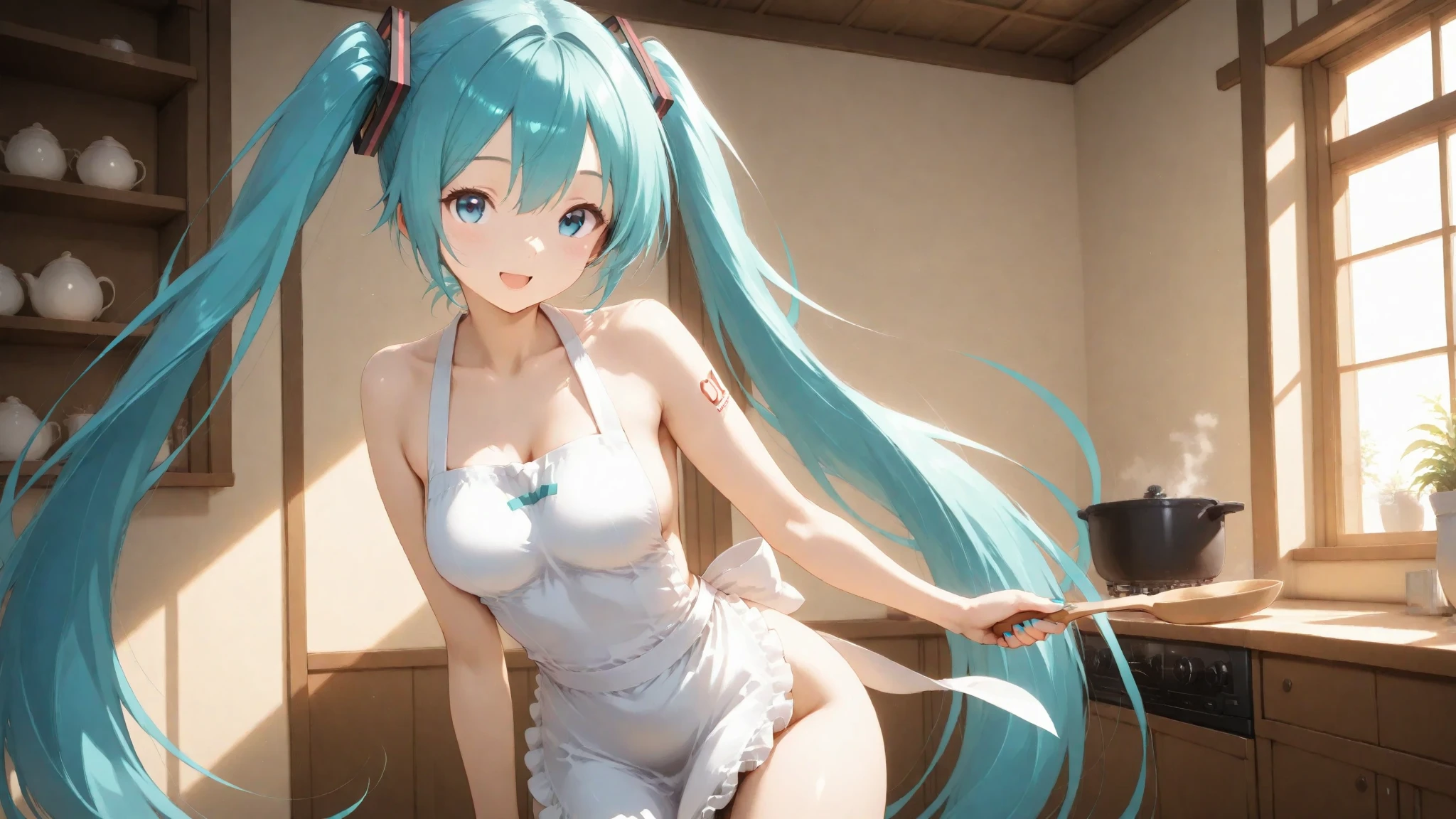 Long hair, light blue hair, ponytail, red eyes, revealing outfit, lingerie, seductive sitting position, big breasts