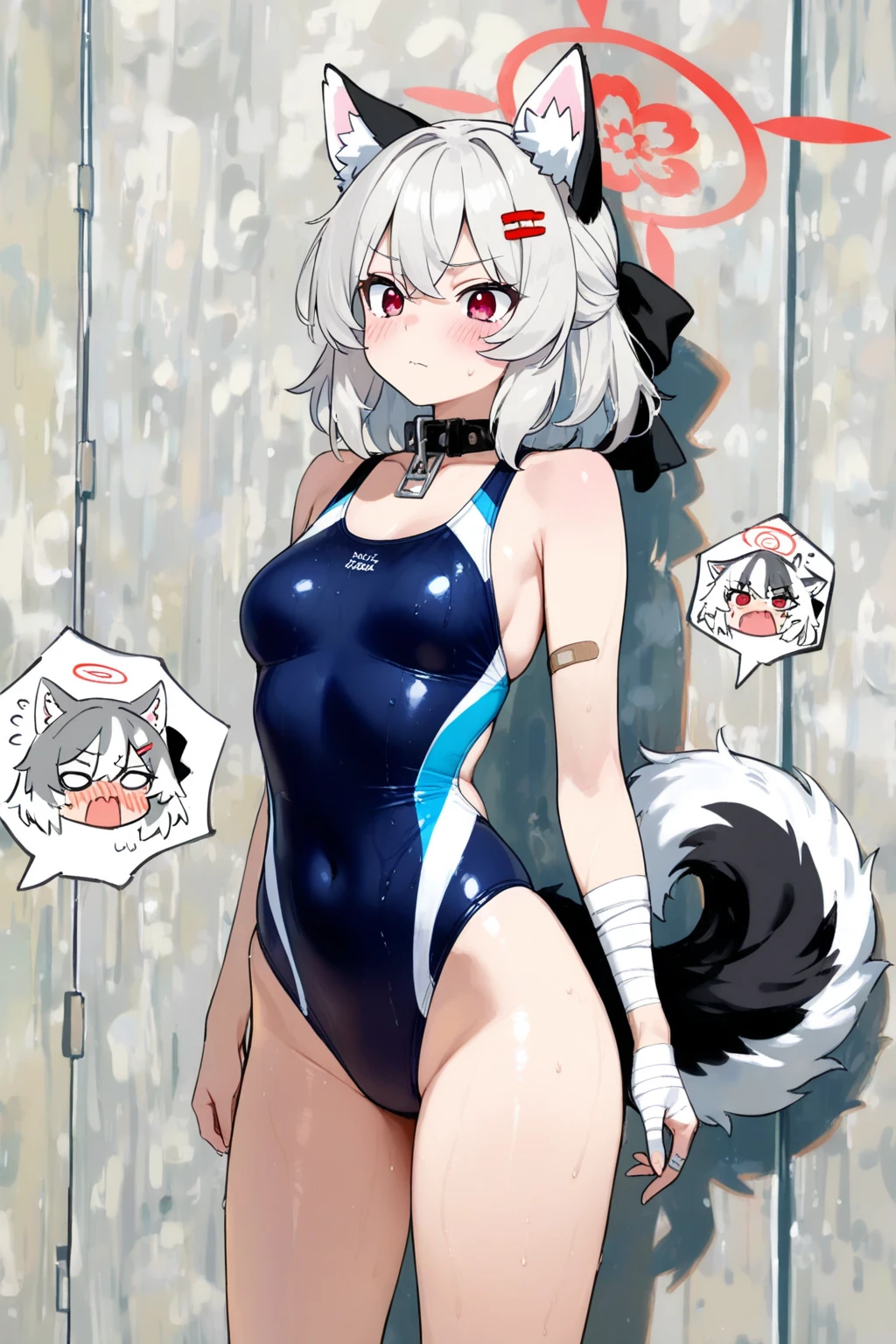 1 person, solo, breasts, looking at viewer, short hair, large breasts, red eyes, navel, animal ears, tail, swimsuit, black swimsuit, white hair, thighs, cat ears, dark brown skin, dark brown skinned woman, cat tail, zoom layer, sexy swimsuit, sensitive swimsuit, obscene swimsuit, obscenely designed swimsuit, sexy swimsuit, risqué swimsuit, erotic swimsuit, exposes navel, very little swimsuit fabric, no underwear except for ultra-thin V front micro plunge, ((only ultra-thin V front micro plunge)), ((only black ultra-thin V front micro plunge))