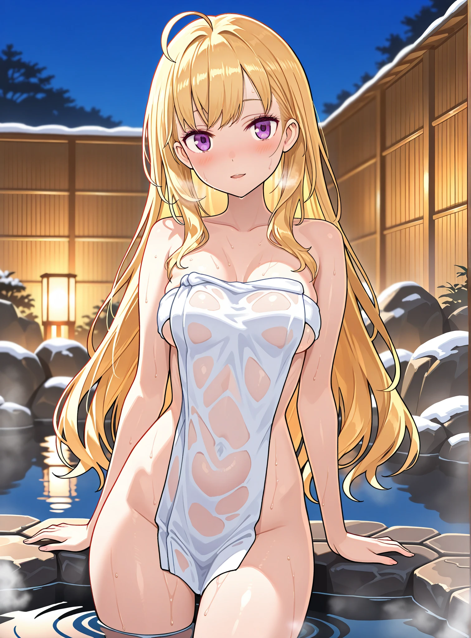 blonde very long hair, red eyes, wearing a sexy pink dress, side slit, ultrasharp, looking at the viewer, ((best quality)), ((masterpiece)), (detailed), perfect face, big breast, sexy body, sexy woman besides her, hugged, An anime scene of two girls hugging and kissing intensely, with hearts and sparkles floating around them as they stand in pool of water