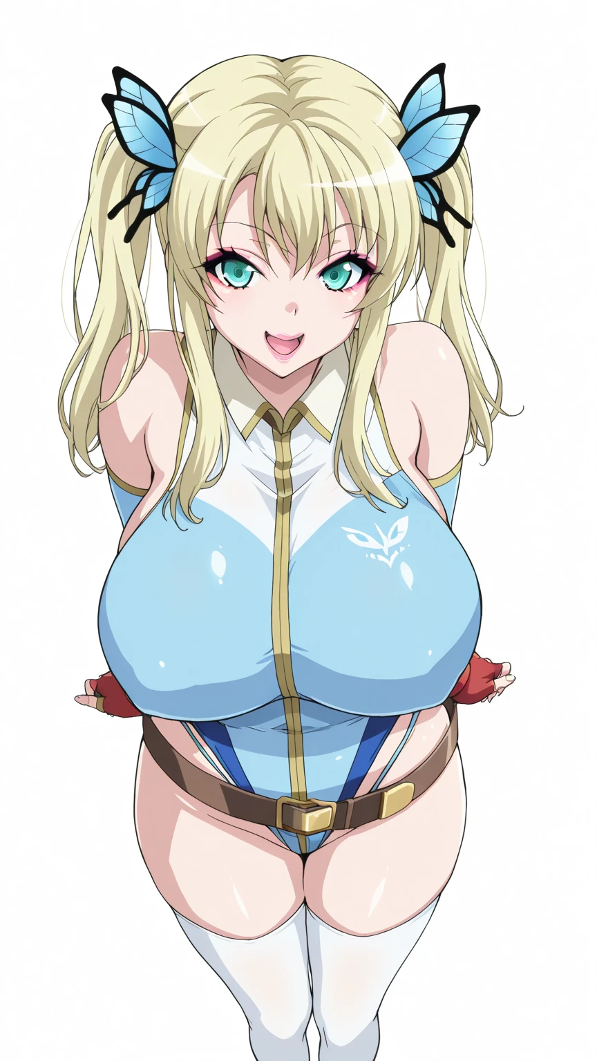 "(masterpiece:1.1), best quality,
1girl, (80s anime style:1.3), (eyelashes:1.5), (loli:1.2),
(intricate high detailed body:1.2),
(blonde hair:1.1), (hair slicked back:1.2), (twintails, drill hair:1.2), (hair ribbon:1.2),
red eyes, (red lip stick:1.3),
(gigantic breasts:1.5),
(angry, smile:1.2),
(see-through lace body suit armor, navel cutout, tattoo:1.2), (pantyhose:1.2),
(knight armor, armored boots:1.2), (frill:1.1), (hoop earrings:1.1), gloves,
standing, peace sign,
(upper body, cowboy shot, looking at viewer, from front:1.1),
(daytime, grassland, outdoors:1.2)"