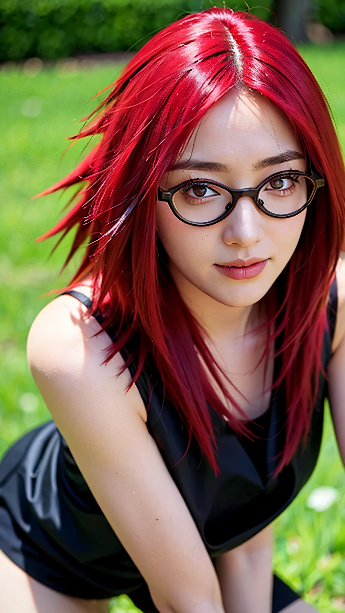 Close-up portrait of Uzumaki Karin from Naruto Shippuden in real life, ultra realistic style, beautiful young woman with long vibrant red hair, wearing rectangular glasses with metal frames, gentle smile, sharp red eyes, wearing her original anime outfit with the purple top and black skirt, confident and intelligent expression, realistic skin texture, detailed hair strands, natural lighting, cinematic background blur, super detailed, ultra HD, lifelike photography style