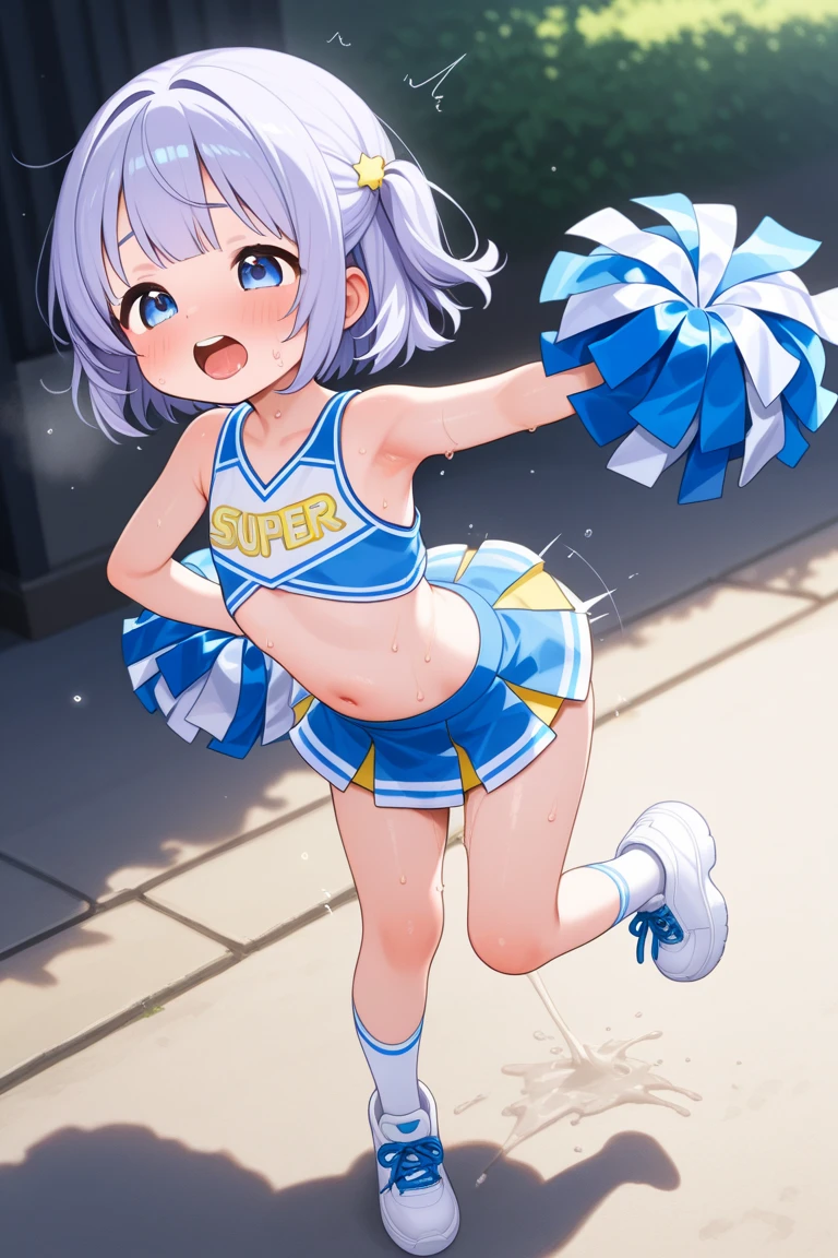 (Photorealistic:1.8, highest quality:1.8,8K masterpiece:1.8,High resolution,Mastepiece:1.8,RAW Photos,Cinematic lighting),No split screen、Stadium、Miniskirt Cheerleader、cameltoe、Back view、Angle from below、Buttocks up、
(Real skin texture:1.3)、(Silver hair in twin tails)、Woman's Costume（choker）、Crotch close-up、Spread the genitals、((Perfect female body))、
(Beautiful expression、A rich expression、Open your mouth and cheer、A big smile:1.4)、Dripping Sweat、
Beautiful Face、Beautiful Eyes、Esbian all over、(Random Sexy Poses:1.3、thrust one&#39;s hips upward、Stick your hips out to the camera:2.3)、cameltoe、(Immersive atmosphere、Chiaroscuro:1.5、Bright light:1.2、Bright lighting)、Realistic:1.3、Long Shot、The woman is naked、woman is nude、Adult video shoot