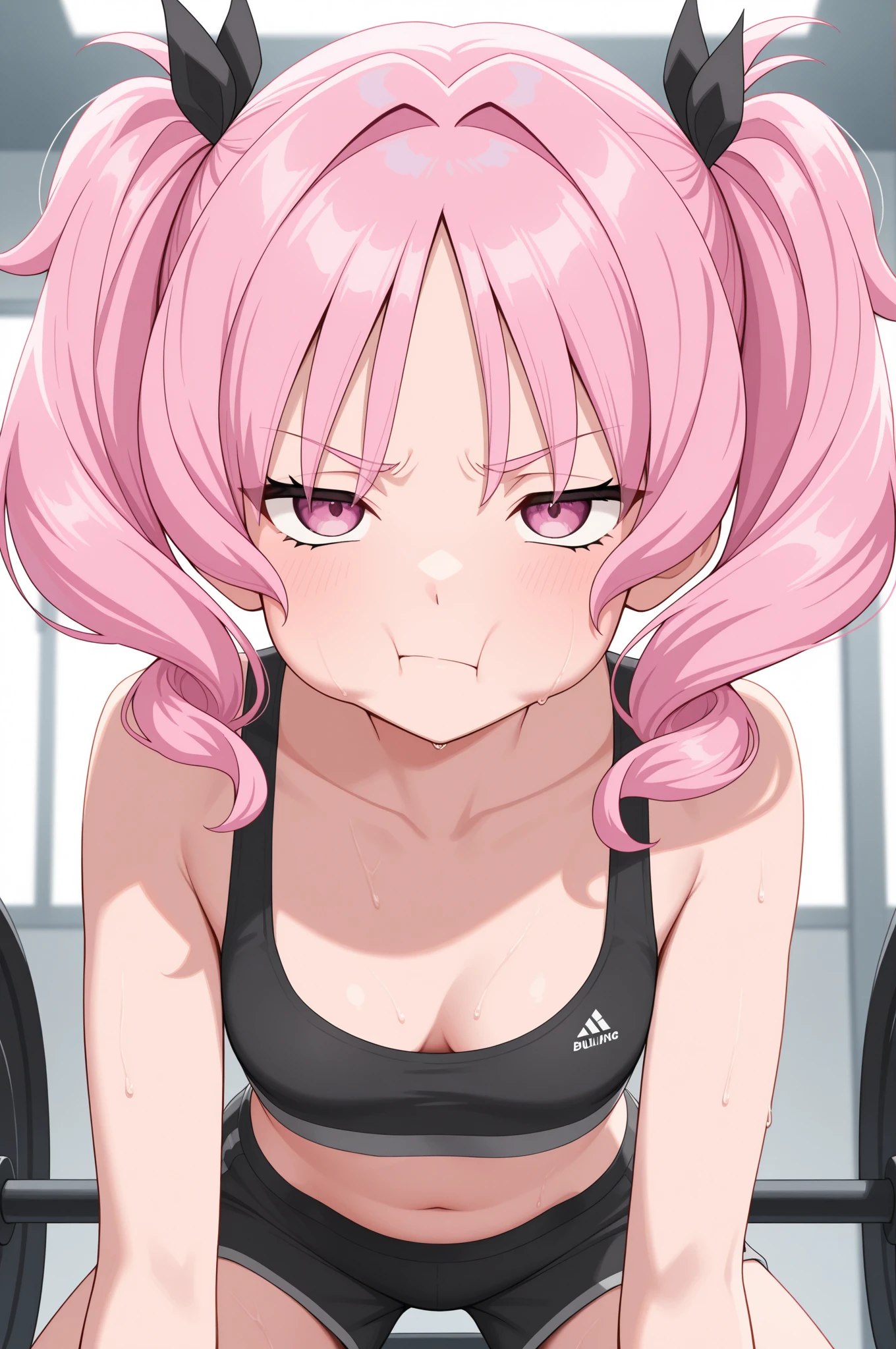 gym, exersice, workout, hot, sweating, sweaty, tan, big boobs, tan skin, lifting, flustered, blush, black clothes, see thru, stocking, in pain, teeth clenching, clenching teeth, heavy lifting, eyes closed, closed eyes, pink hair, earrings, gyaru, ponytail, pink hair , older girl