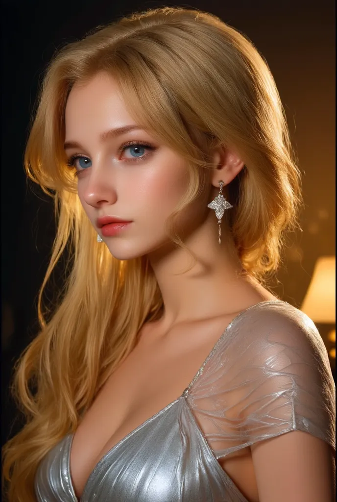 blond woman with blue eyes and red lips posing for a picture, gold necklace, golden necklace, small and thick red lips, wearing a gold chain, sexy red lips, wearing gold chain, gold jewerly, gold jewelry, wearing gold jewellery, gold and red, red lips, lovely woman, light-red lips, wide golden eyes and red lips