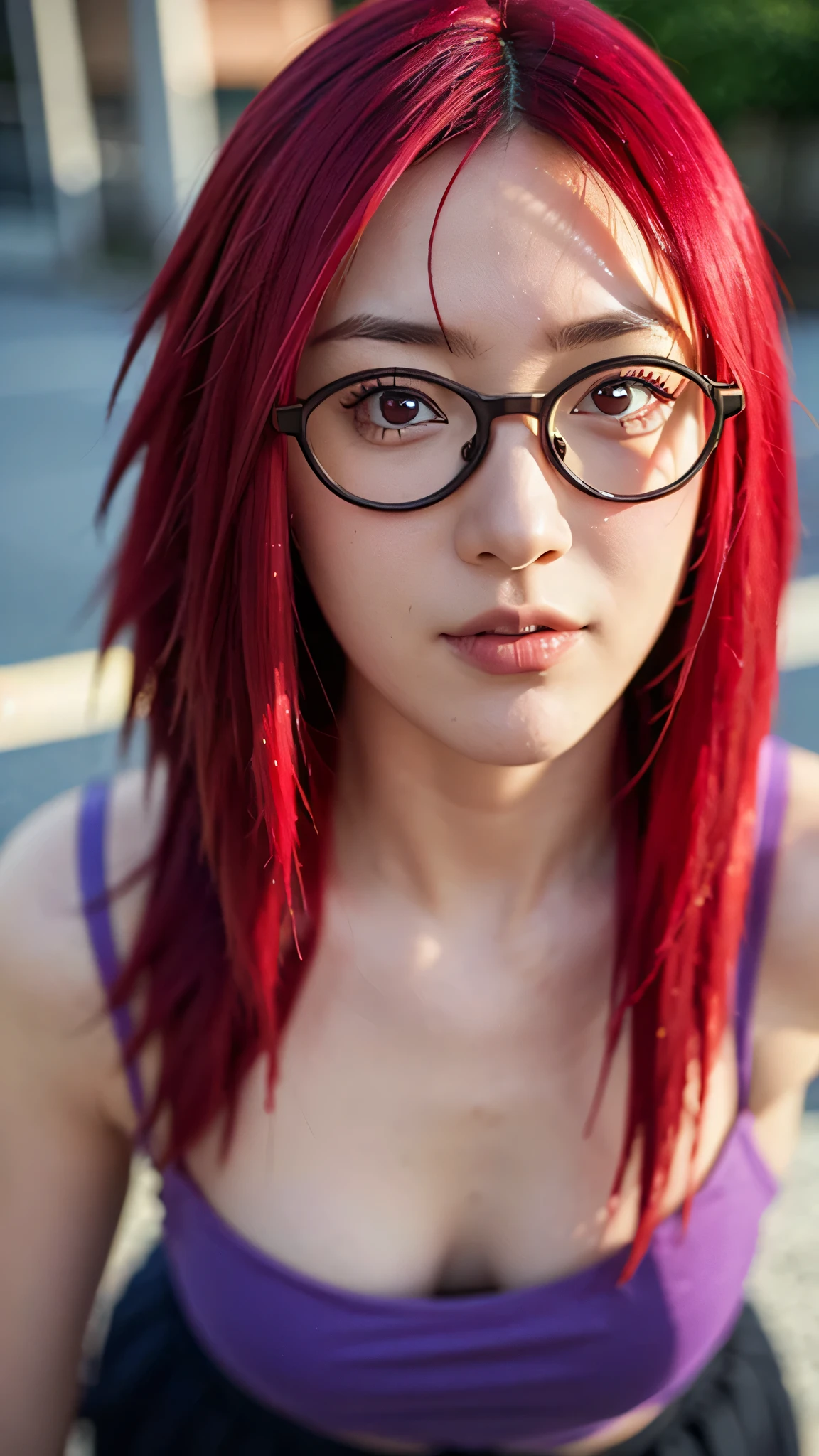 Close-up portrait of Uzumaki Karin from Naruto Shippuden in real life, ultra realistic style, beautiful young woman with long vibrant red hair, wearing rectangular glasses with metal frames, gentle smile, sharp red eyes, wearing her original anime outfit with the purple top and black skirt, confident and intelligent expression, realistic skin texture, detailed hair strands, natural lighting, cinematic background blur, super detailed, ultra HD, lifelike photography style