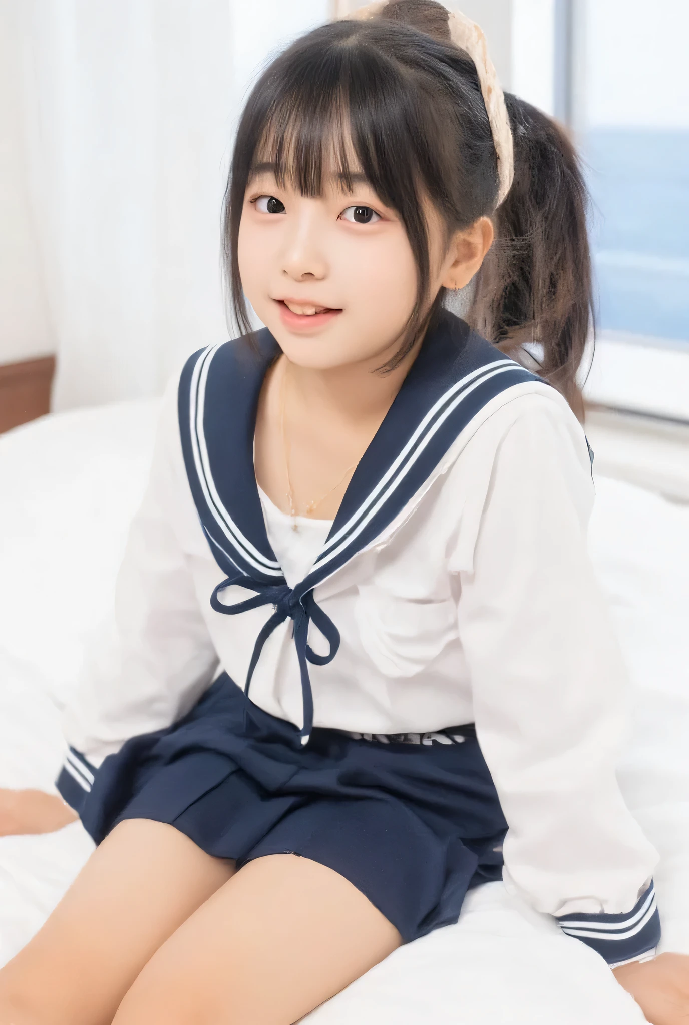 highest quality, High resolution, realistic pictures, detailed skin texture, Cute 12 year old Japan girls, view audience, slim body shape, charming gaze, Fair skin, baby face, (flat chest:1.2), long straight hair, (loli:1.2), smile showing teeth, in bed by the window, A short, see-through sailor suit