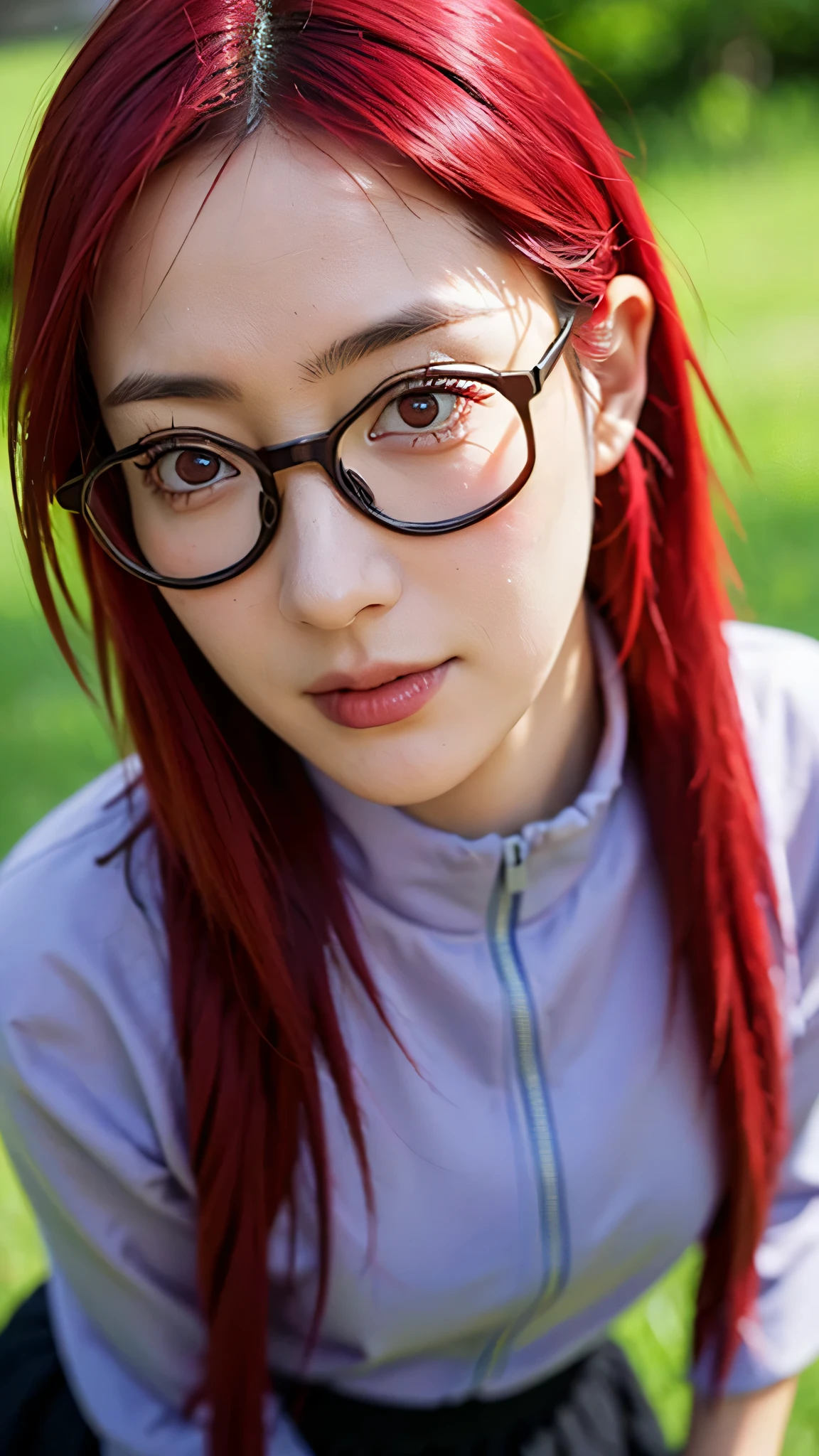 Close-up portrait of Uzumaki Karin from Naruto Shippuden in real life, ultra realistic style, beautiful young woman with long vibrant red hair, wearing rectangular glasses with metal frames, gentle smile, sharp red eyes, wearing her original anime outfit with the purple top and black skirt, confident and intelligent expression, realistic skin texture, detailed hair strands, natural lighting, cinematic background blur, super detailed, ultra HD, lifelike photography style