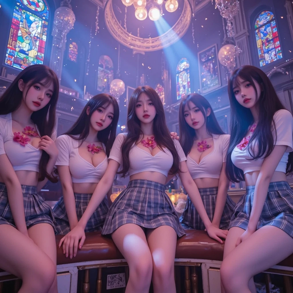 (White and vivid colors, Acutance, Exposed:1.2, nipple:-0.9), (9 sexy junior idols in group photograph), ((face variations, Hair variations)), { Navel | pretty Ass | (Delicate lace knitted wear) | Flowers | (Colorful Light shines from Dazzling and delicate stained glass) }, (portrayed in the best quality and high resolution. The image should be ultra-detailed, realistic, and photorealistic with a touch of rawness). { under the mesmerizing back lighting | concept art | enhancing the overall visual impact }. Whole Body proportions and all limbs are anatomically accurate .
