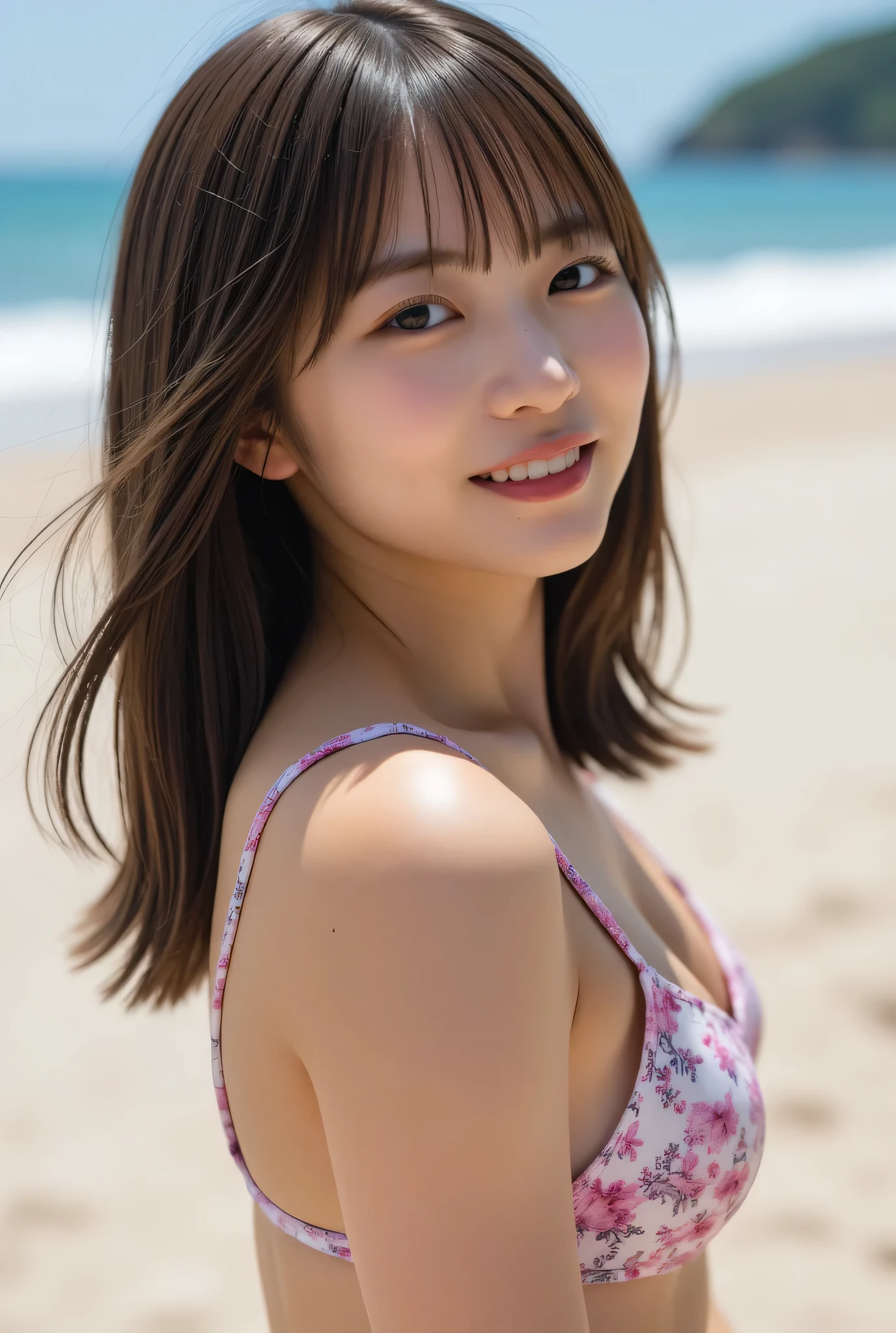 8K,Best Quality, 超A high resolution, (Photorealistic:1.4),​masterpiece:1.3, Raw photo, (upper thigh:1.5, From Side:0.7), (Bokeh:1.２), sea side:1.3, (in a suite:1.6),sand beach:1.1, 1日本人の女の子, Cute, (Solo:1.6), (Shy smile), Smooth skin, (Brown medium hair,Bangs), (touch hair:1.4),nogizaka,Cute swimsuit,Beautiful black eyes:1.３、full bodyesbian:1.3、Pose on the beach, Beautuful Women、natural skin textures:1.1, realistic eyes and face details:1.2, (Background is blurry:1.4),beach、sexypose,Don't show your fingertips、