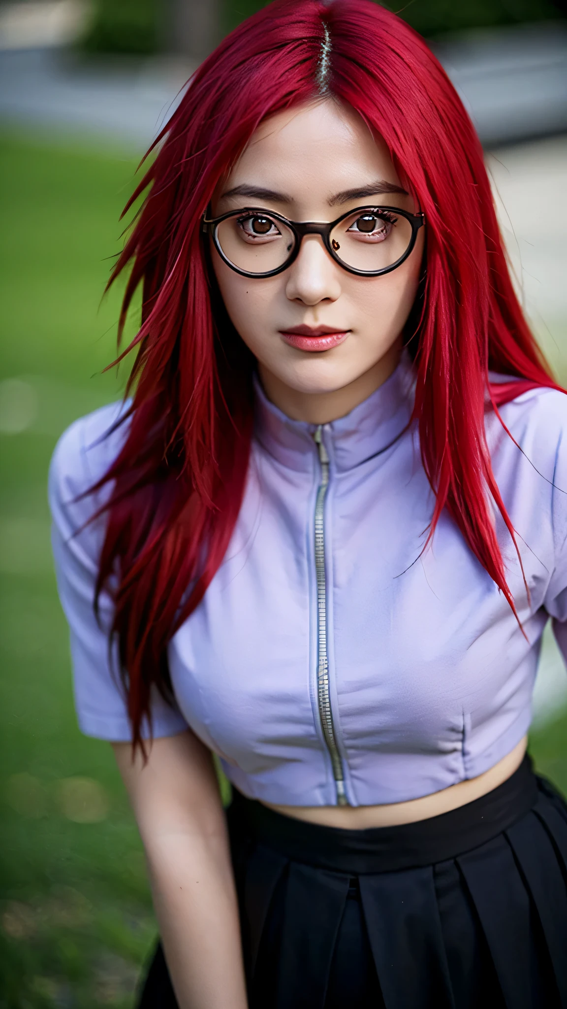 Close-up portrait of Uzumaki Karin from Naruto Shippuden in real life, ultra realistic style, beautiful young woman with long vibrant red hair, wearing rectangular glasses with metal frames, gentle smile, sharp red eyes, wearing her original anime outfit with the purple top and black skirt, confident and intelligent expression, realistic skin texture, detailed hair strands, natural lighting, cinematic background blur, super detailed, ultra HD, lifelike photography style