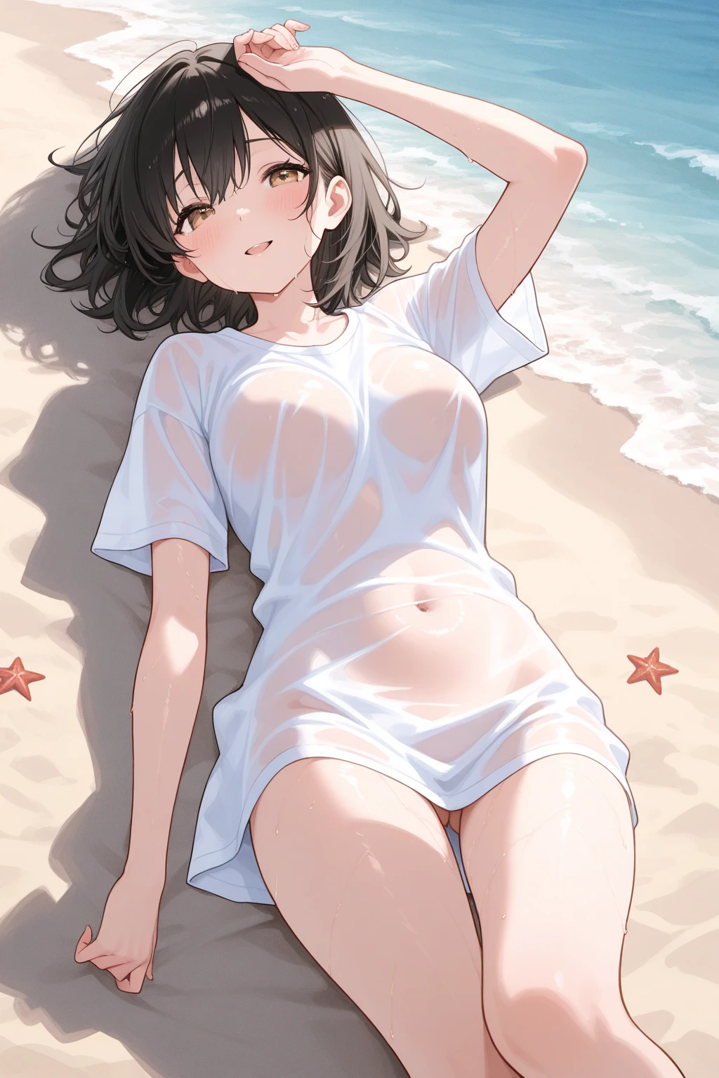 NSFW,1girl,(clear,translucent:1.5),(illustration:1.0),vibrant colors, girl, masterpiece,(wet:1.1) ,sharp focus, best quality, soft lighting,nude, (detailed outfit:1.3),symmetrical eyes, dynamic pose,gradient black hair, red eyes, wide hips, mature female, thicc,curvy,(abs:0.9),gold egyptian jewelry, sunset beach,(toddler body:1.5),crouching,Uncensored