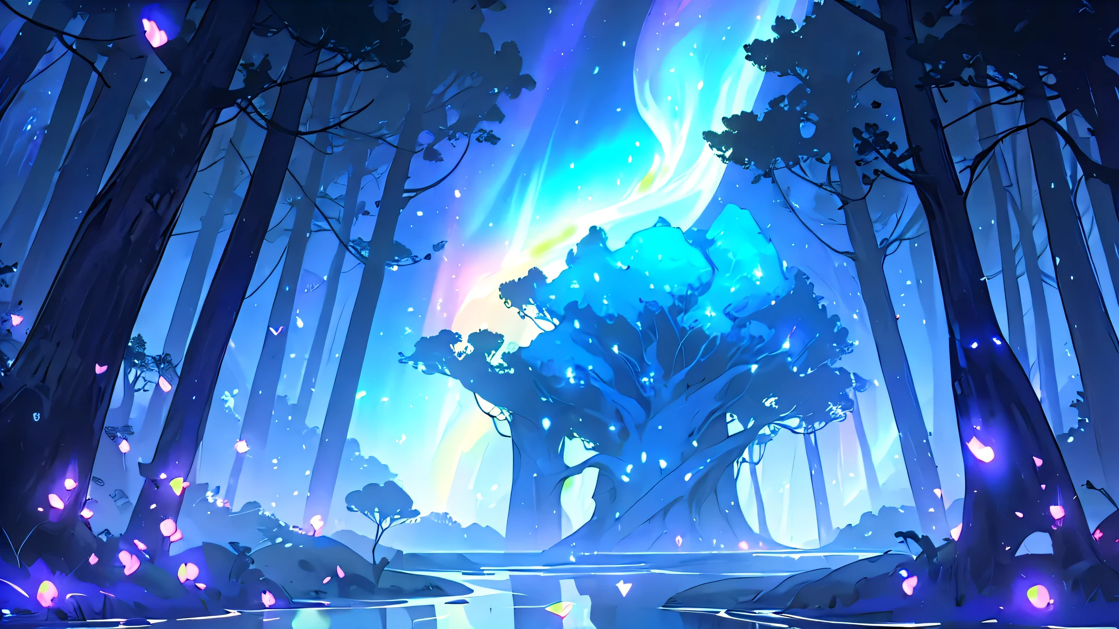 (masterpiece, best quality, ultra-detailed, cinematic lighting, 8k), hidden fae lake under a starry night sky, surrounded by glowing bioluminescent plants and whispering trees, blue-purple auroras reflect across the still water, floating petals and magical particles drift in the air, soft moonlight filters through the trees, surreal and peaceful, (volumetric lighting, deep bokeh, soft rim light), fantasy scene inspired by Ghibli, Arcane, and D&D concept art