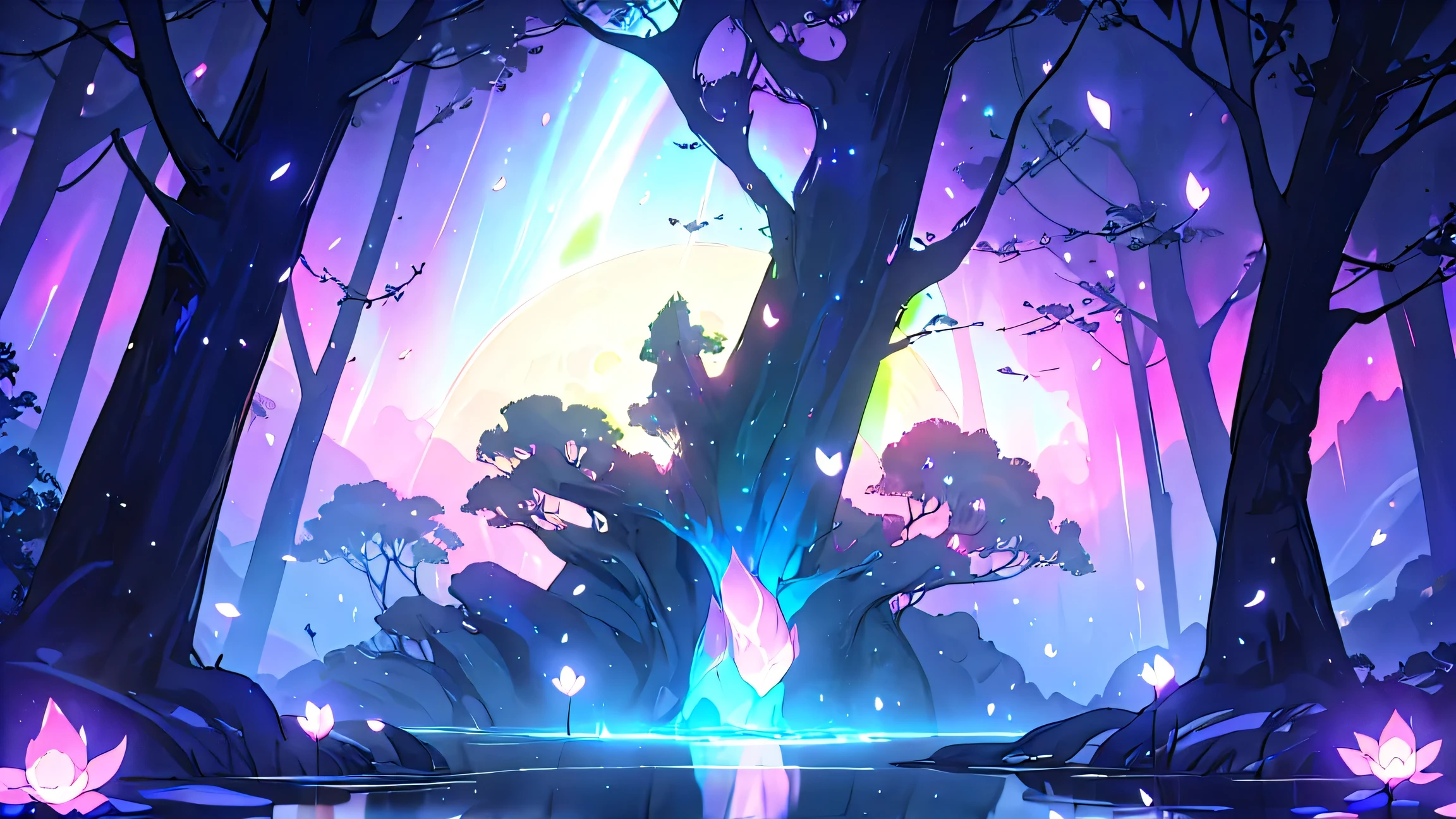 (masterpiece, best quality, ultra-detailed, cinematic lighting, 8k), hidden fae lake under a starry night sky, surrounded by glowing bioluminescent plants and whispering trees, blue-purple auroras reflect across the still water, floating petals and magical particles drift in the air, soft moonlight filters through the trees, surreal and peaceful,  (volumetric lighting, deep bokeh, soft rim light), fantasy scene inspired by Ghibli, Arcane, and D&D concept art
