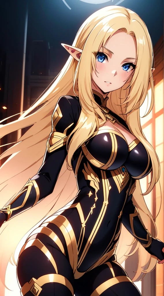 (Upper Body:1.3),(masterpiece:1.4),Medium Shot,anime,masterpiece,gravure, 8K,Realistic, Beautiful woman,An elegant and mature elven woman, Elf Ears,blue eyes, Place your arms behind your head,(美的animeの目:1.4),Large Breasts,blonde, Black bodysuit, smile,Beautiful breasts,(8K resolution:1.4), High quality CG, Beautiful CG, Soft Light,View your viewers,(24-years-old),