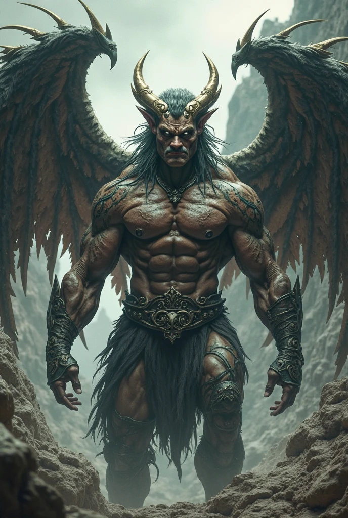 a large, muscular male demon with webbed wings like a bat, with short black hair, red skin, Red eyes, arrogant look, In a loincloth, dark fantasy character design, monster demon, , epic exquisite character art, dark fantasy art, Full view, Amazing character art. with fangs, hooves instead of legs, four hands, pointed ears, smile, bull horns on the head, More granularity