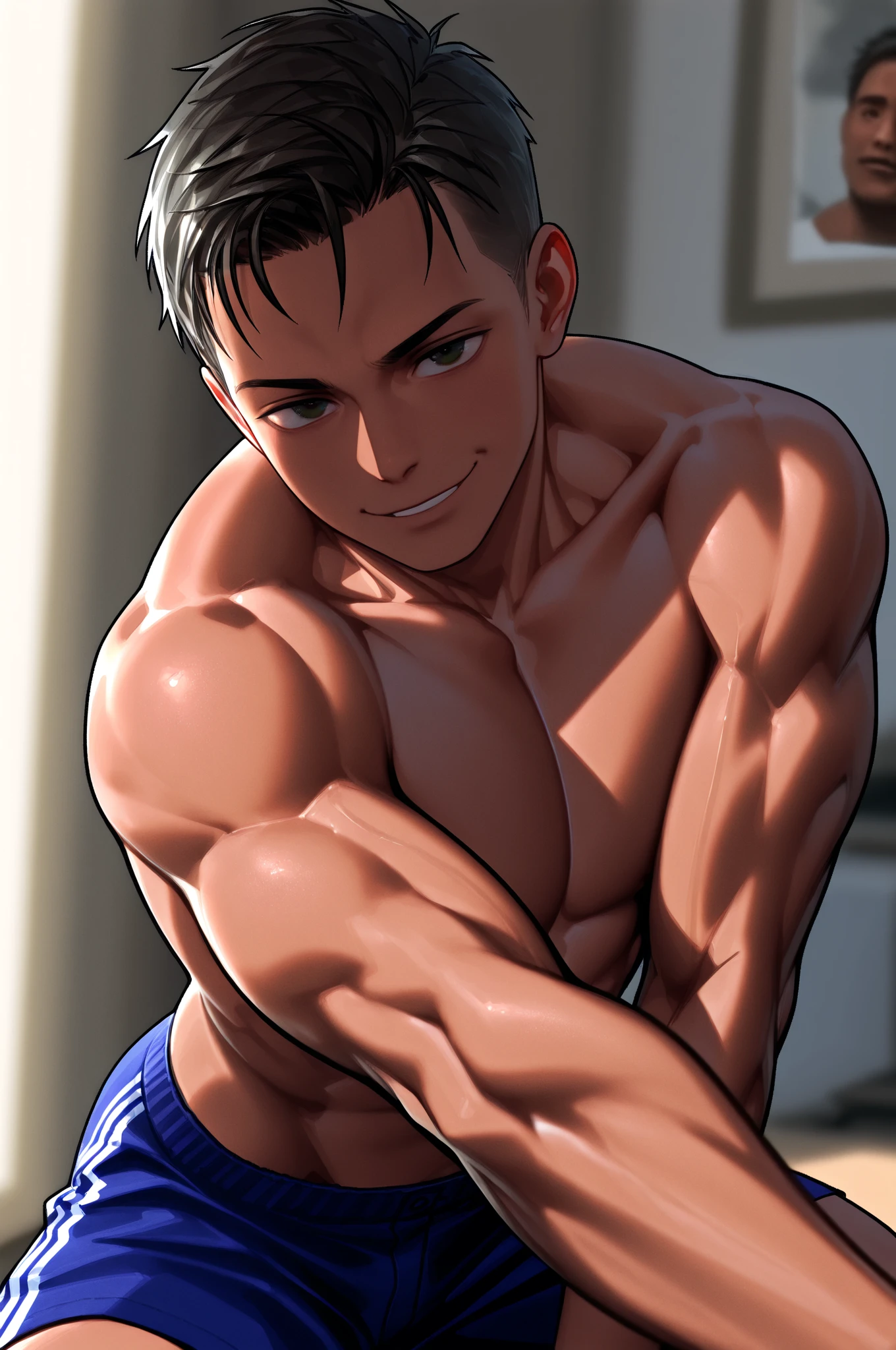13 years old cute boy, sexy muscle abs, slicked back bun hair shaved sides. shirtless speedo